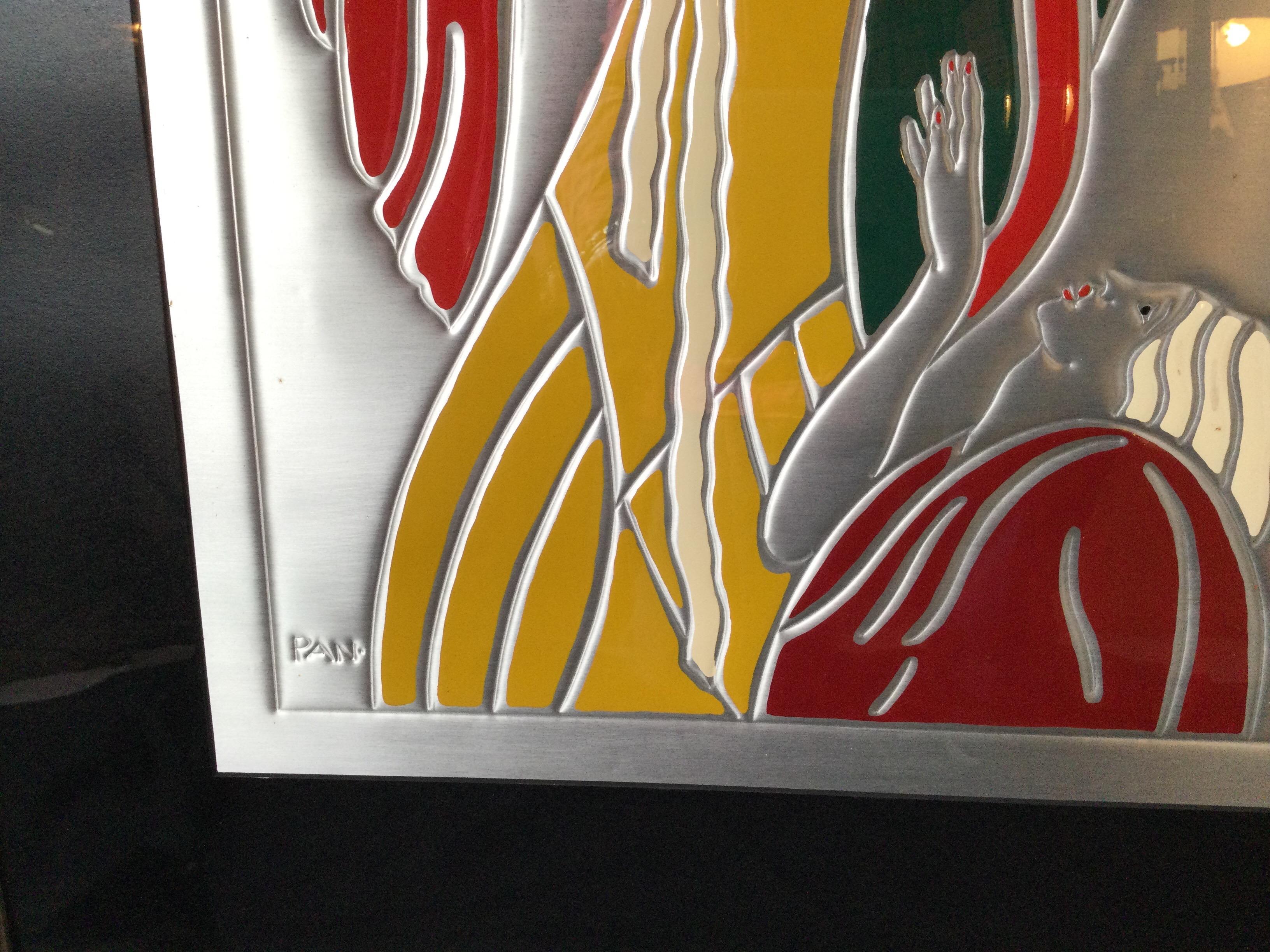 Early 20th Century Pair of Art Deco Period Framed Embossed Metallic Painted Art For Sale