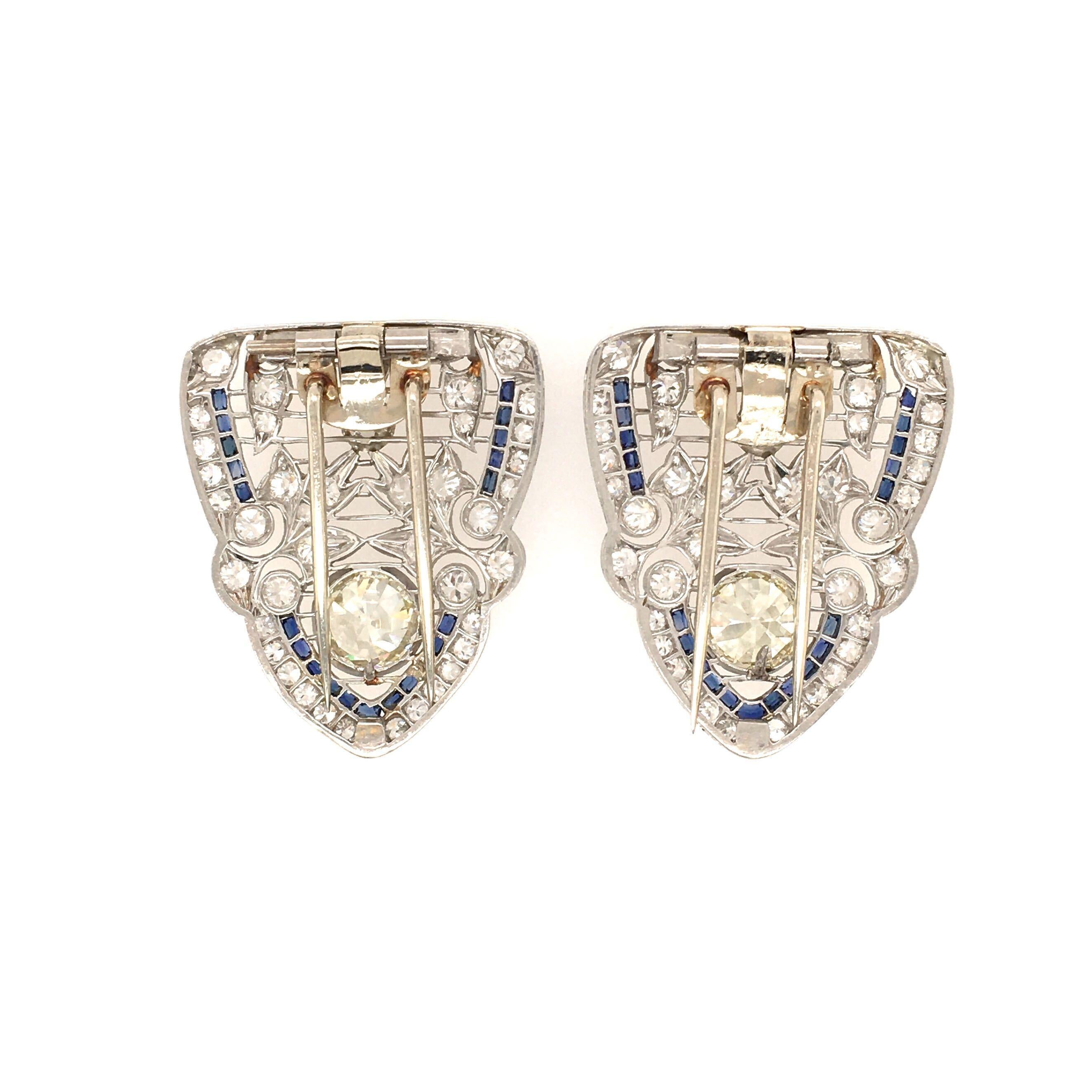 Pair of Art Deco, Platinum, Diamond and Sapphire Clip Brooches In Good Condition In New York, NY