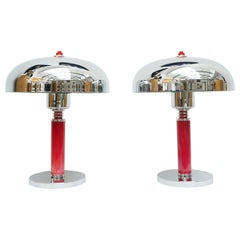 Vintage A Pair of Art Deco Red Bakelite and Chromed Metal Dome Lamps