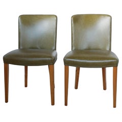 A Pair of Art Deco Side Chairs by Heal's of London Satinwood and Green Leather