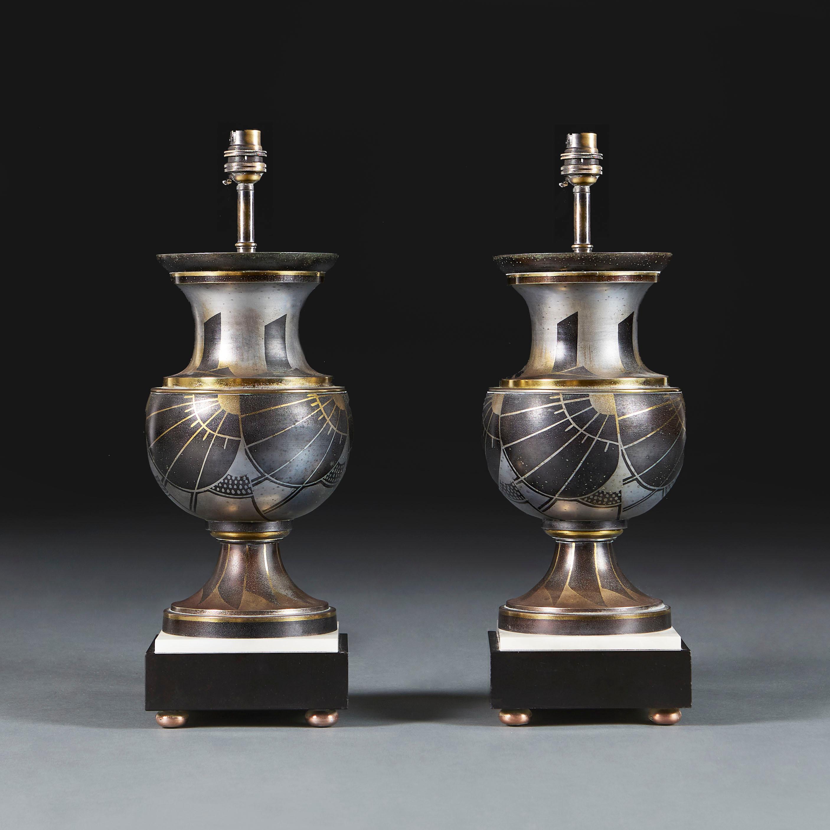 French A Pair of Art Deco Steel Vases Now as Lamps