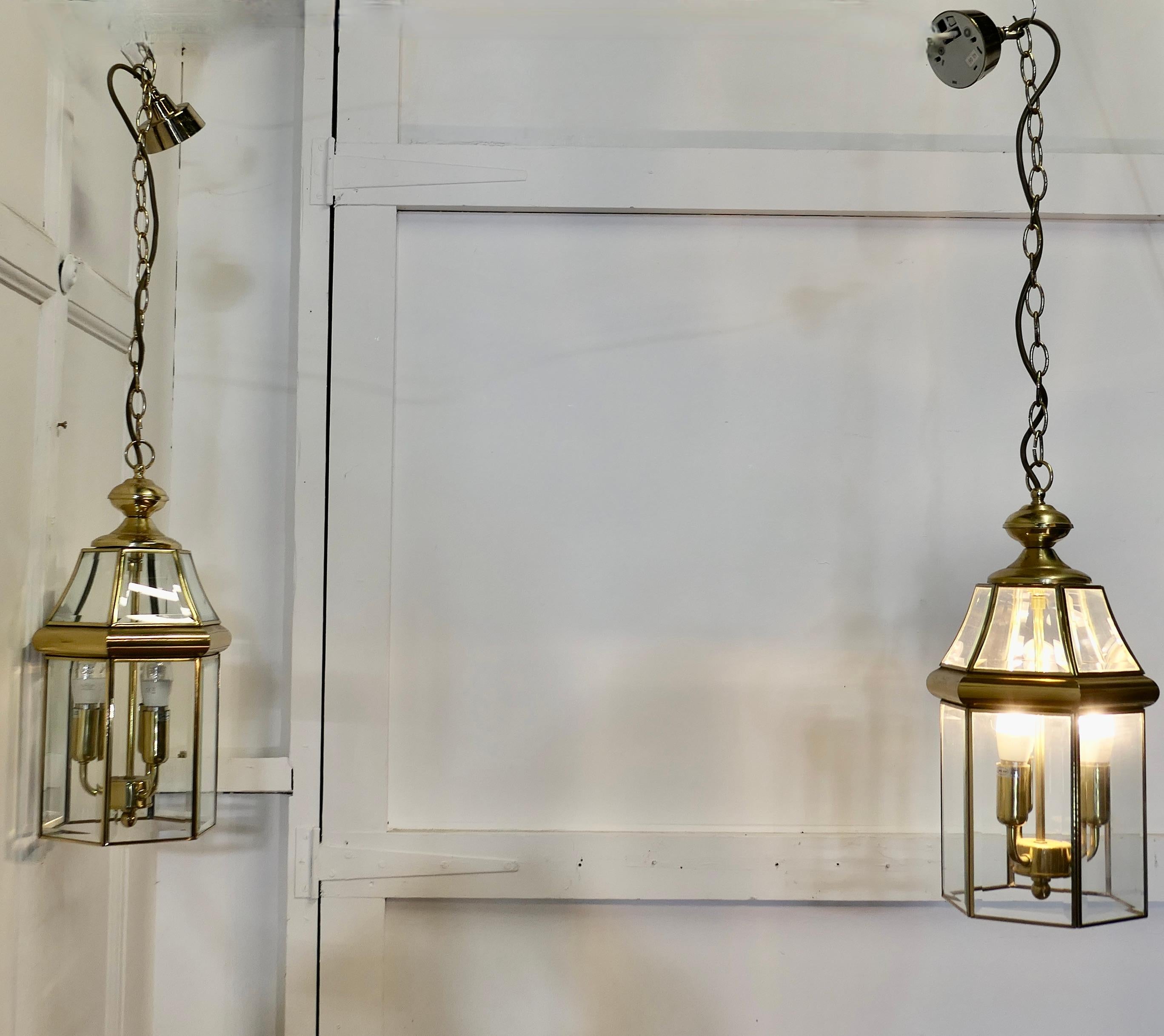 A Pair of  Art Deco Style Brass & Glass Hall Lanterns    In Good Condition For Sale In Chillerton, Isle of Wight