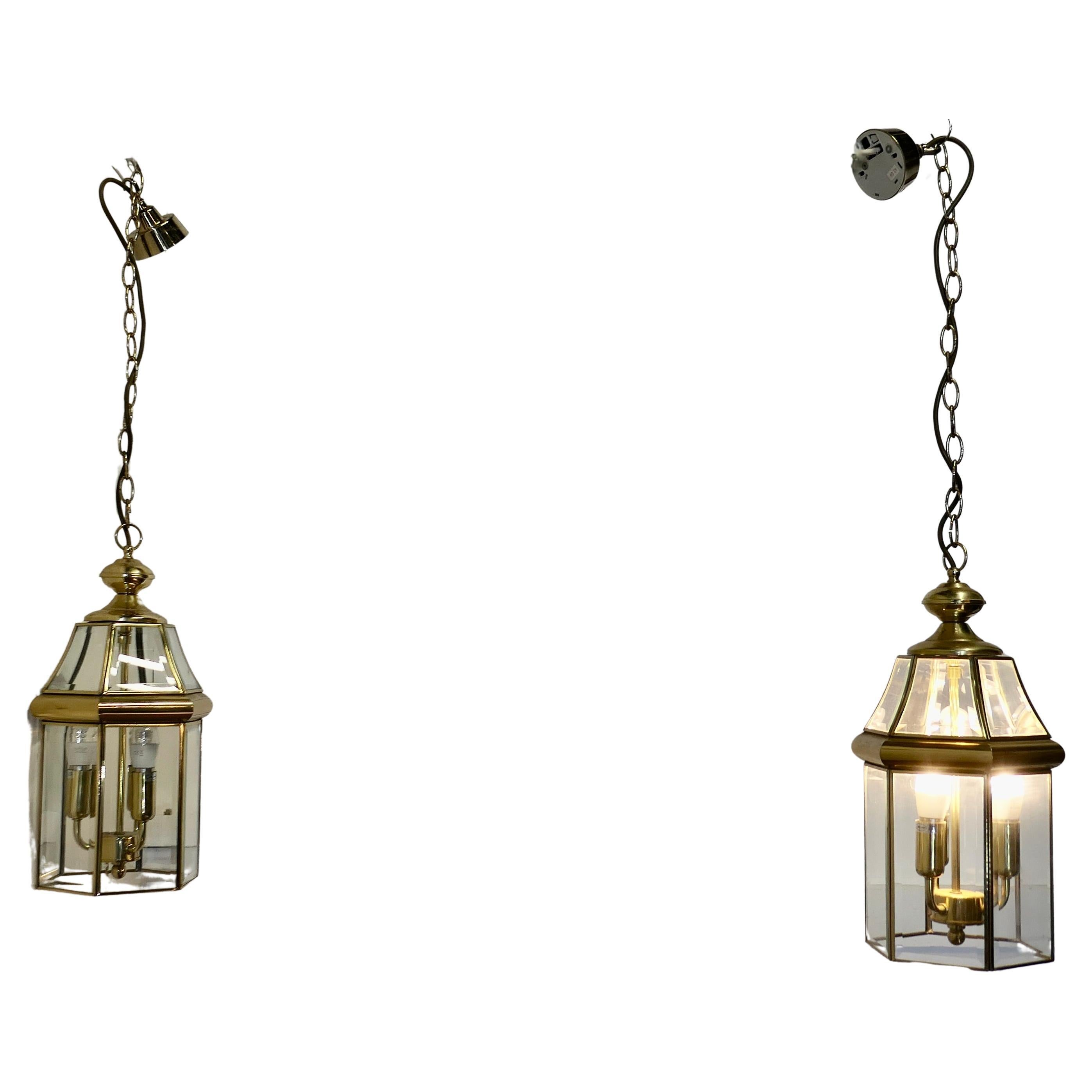 A Pair of  Art Deco Style Brass & Glass Hall Lanterns   