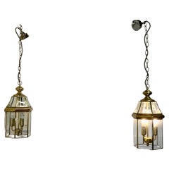 Retro A Pair of  Art Deco Style Brass & Glass Hall Lanterns   