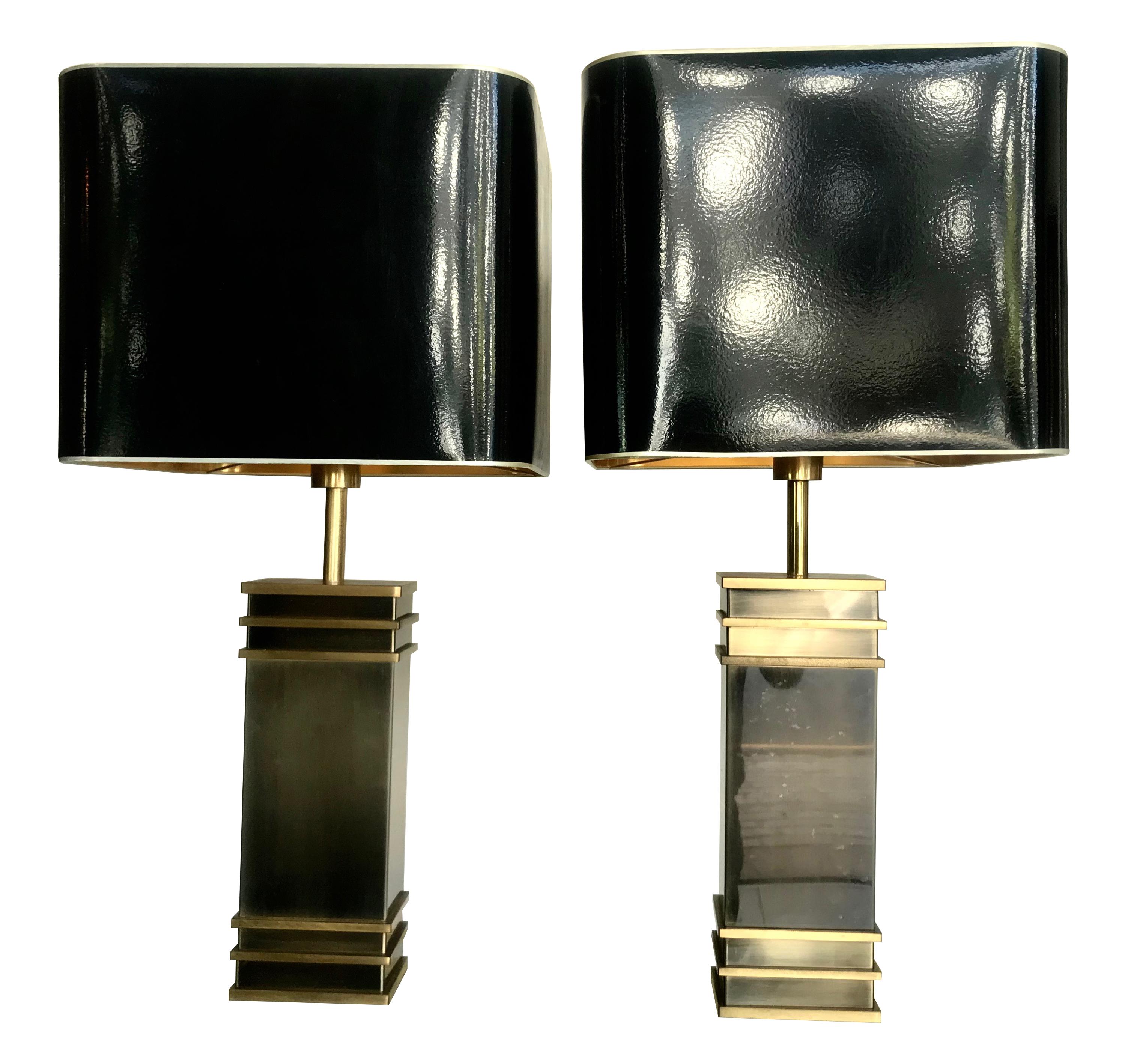 Mid-Century Modern A pair of Art Deco style brass lamps with original shades 