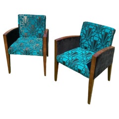 Paire de chaises Art Déco retapissées en bleu sarcelle et or, argent Grea