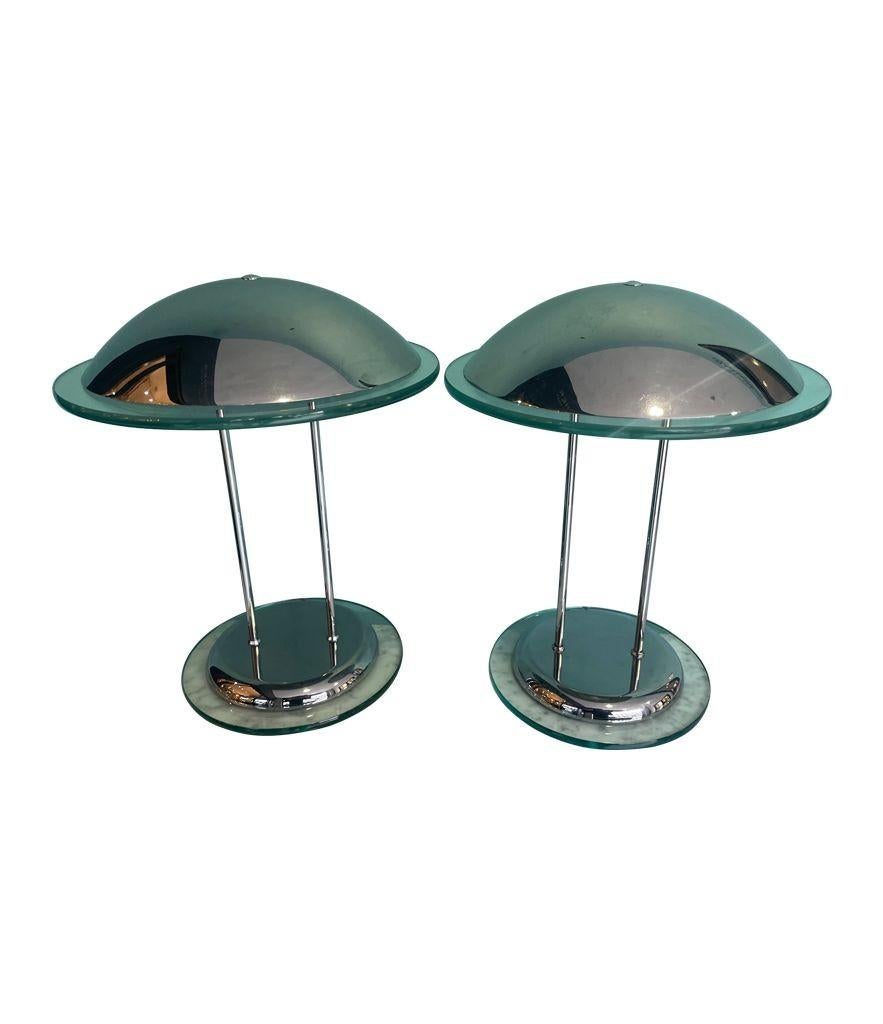 Dutch Pair of Art Deco Style Chrome and Glass Lamps by Herda For Sale