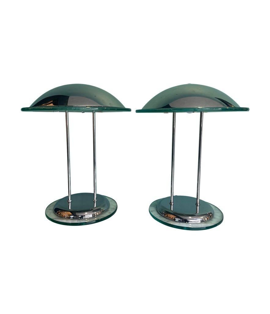 Late 20th Century Pair of Art Deco Style Chrome and Glass Lamps by Herda For Sale