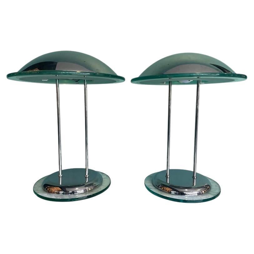 Pair of Art Deco Style Chrome and Glass Lamps by Herda For Sale