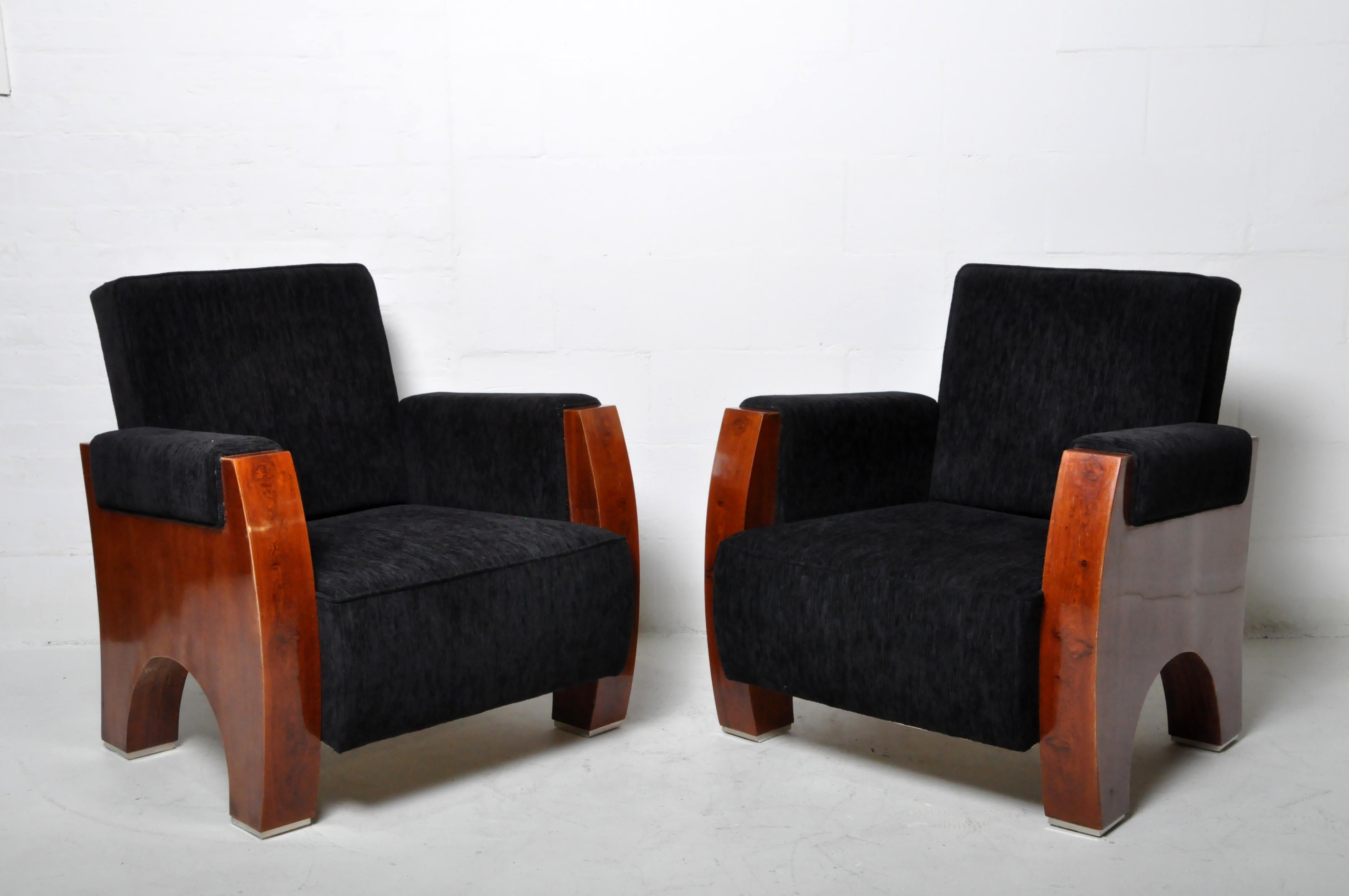 Mid-Century Modern Pair of Art Deco Style Club Chairs with Wooden Arms For Sale