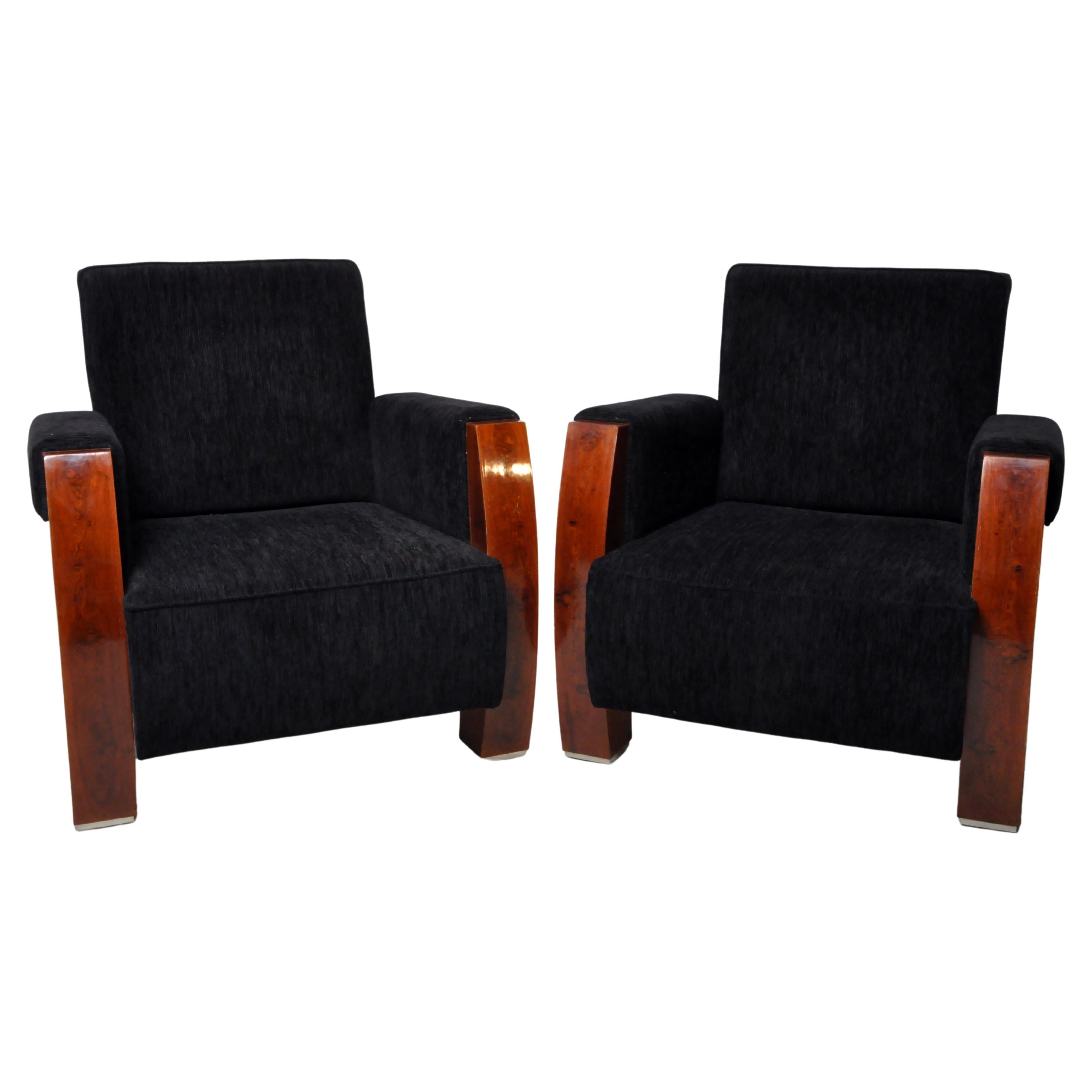 Pair of Art Deco Style Club Chairs with Wooden Arms