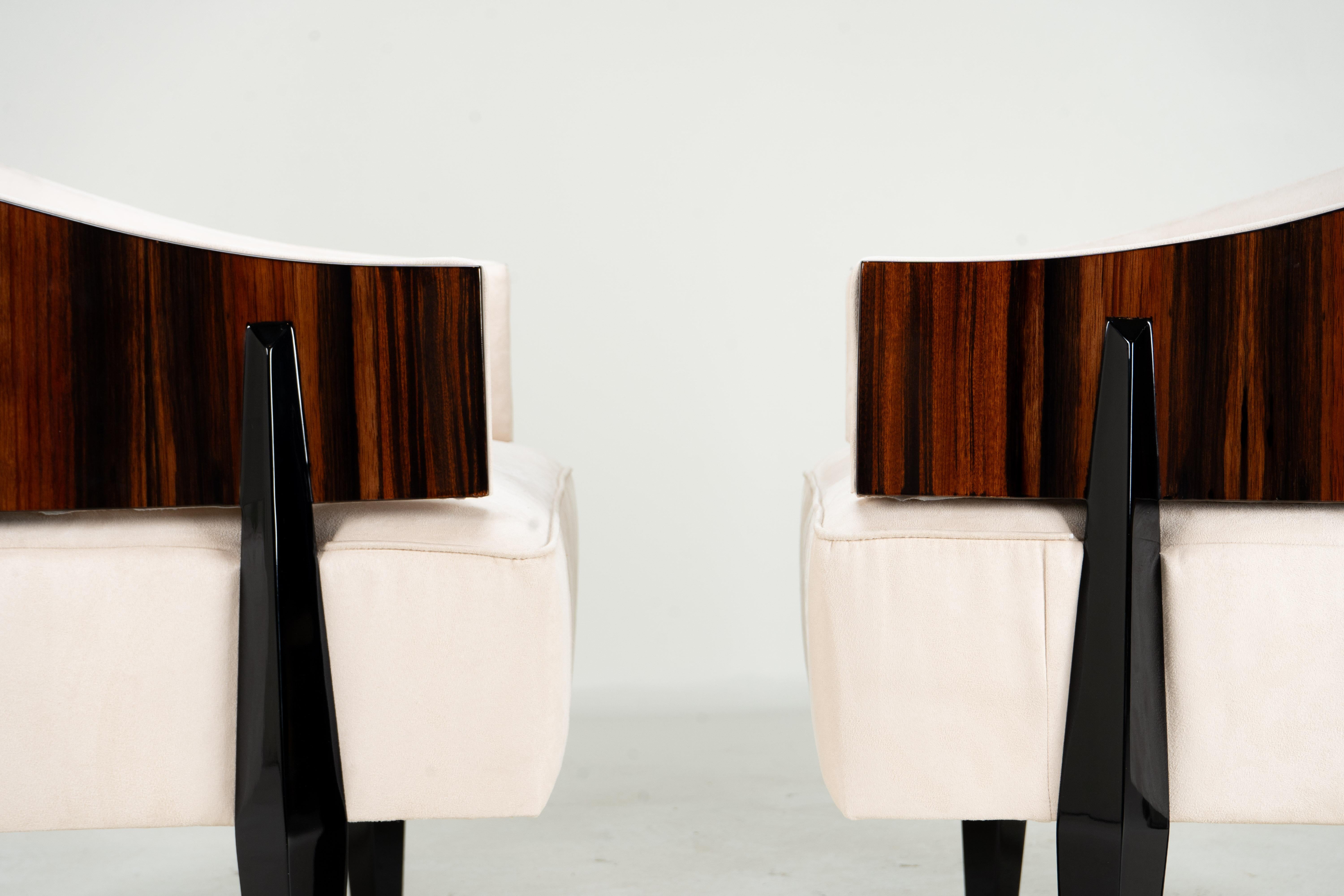 Macassar A Pair of Art Deco Style Curved-Back Lounge Chairs For Sale