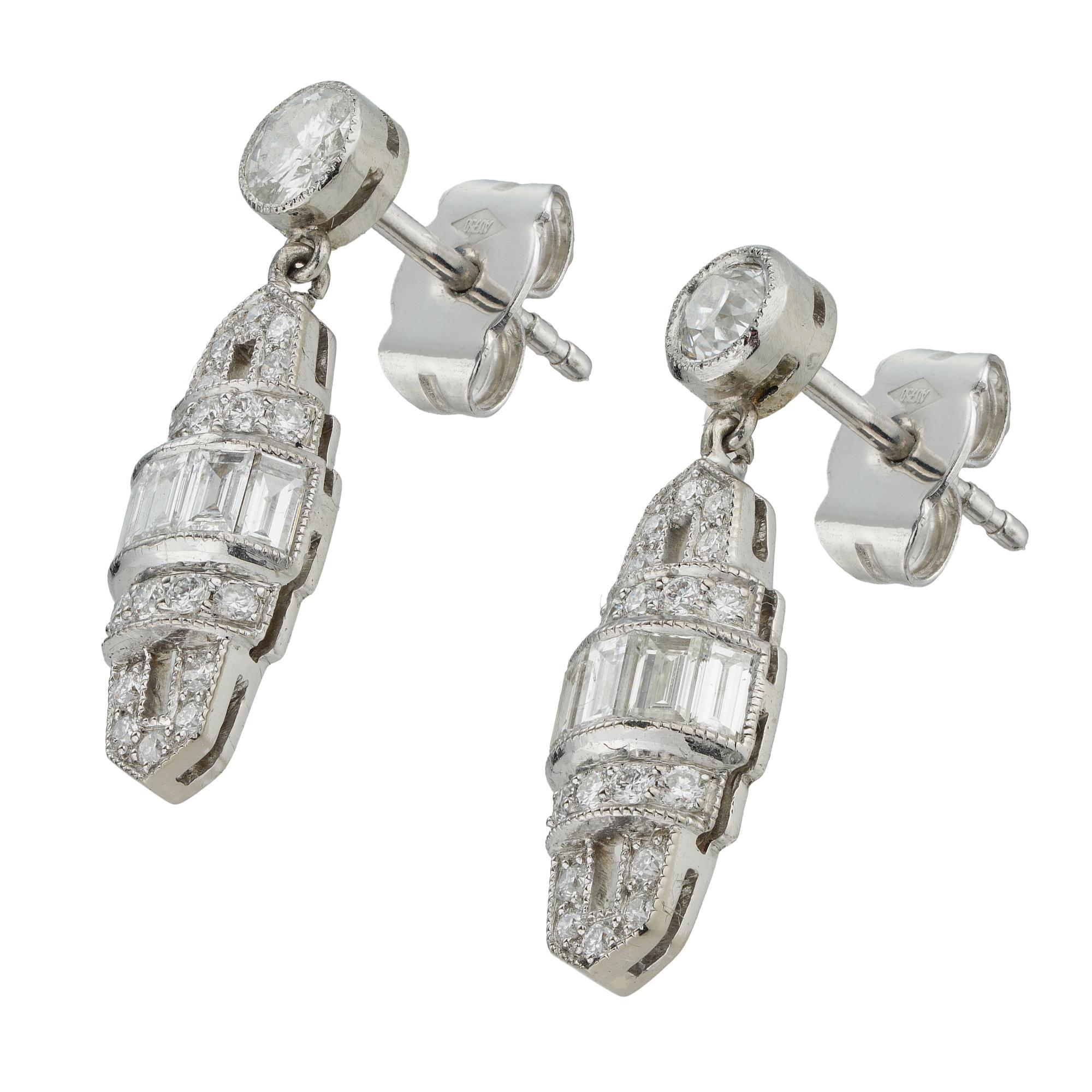 Baguette Cut Pair of Art Deco Style Diamond Drop Earrings