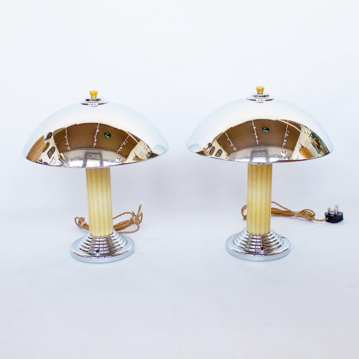 Pair of Art Deco Style Dome Lamps, Yellow Bakelite and Chromed Metal 2