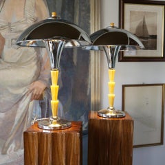 A Pair of Art Deco Style Dome Table Lamps Yellow Bakelite and Chromed Metal