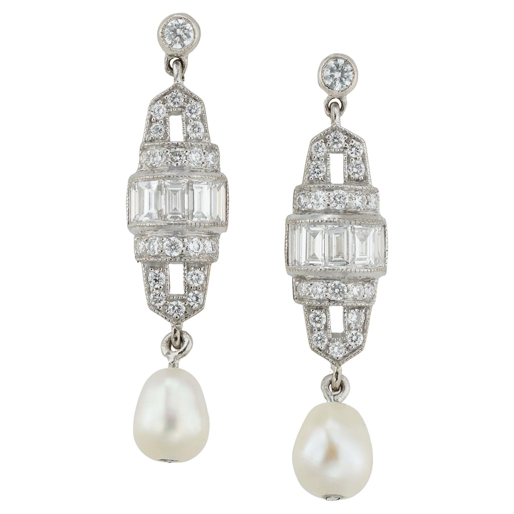 Pair of Art-Deco Style Earrings Diamond and Pearl Drops For Sale