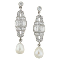 Pair of Art-Deco Style Earrings Diamond and Pearl Drops