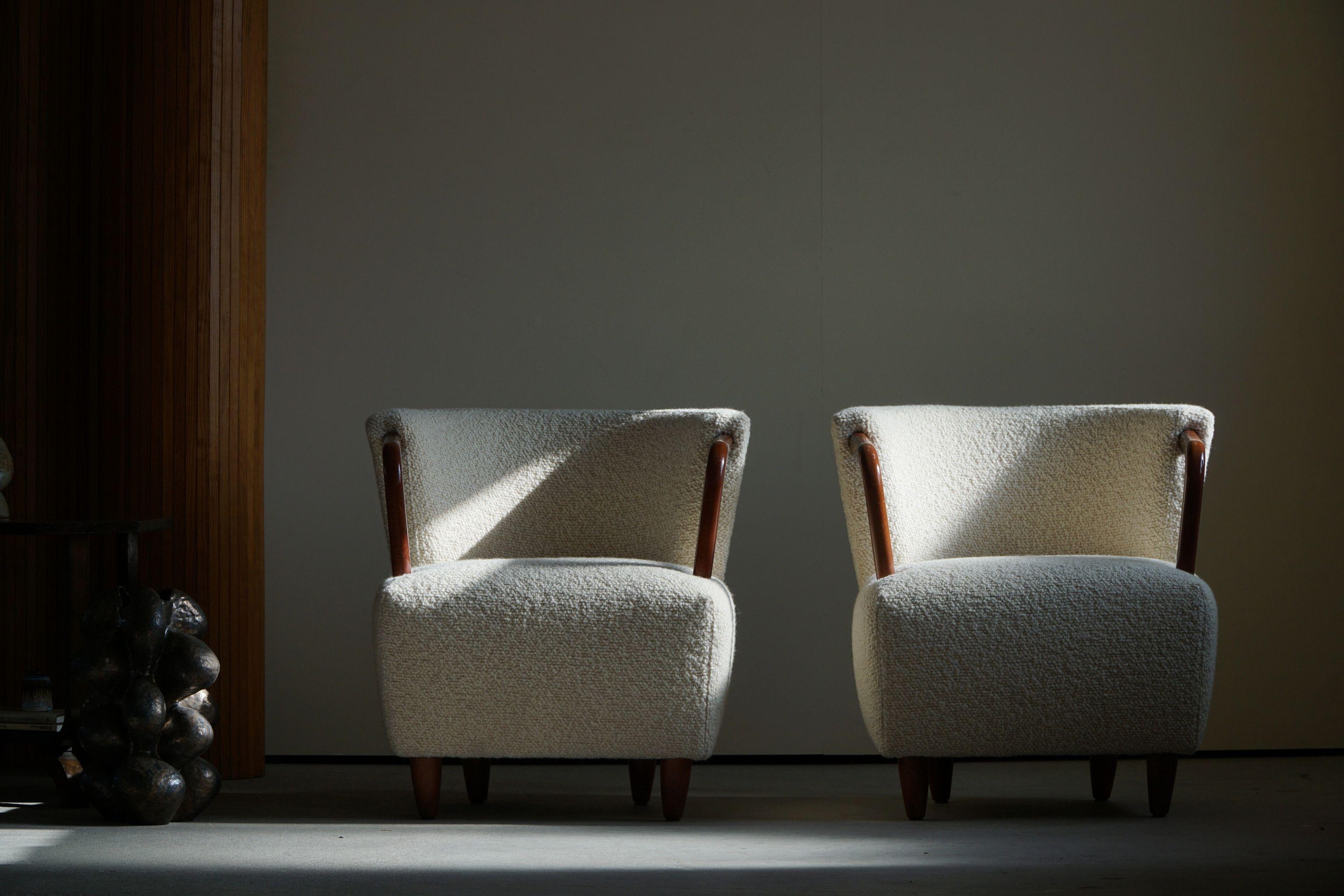 Pair of Art Deco Style Lounge Chairs in White Bouclé, by Danish Cabinetmaker 5