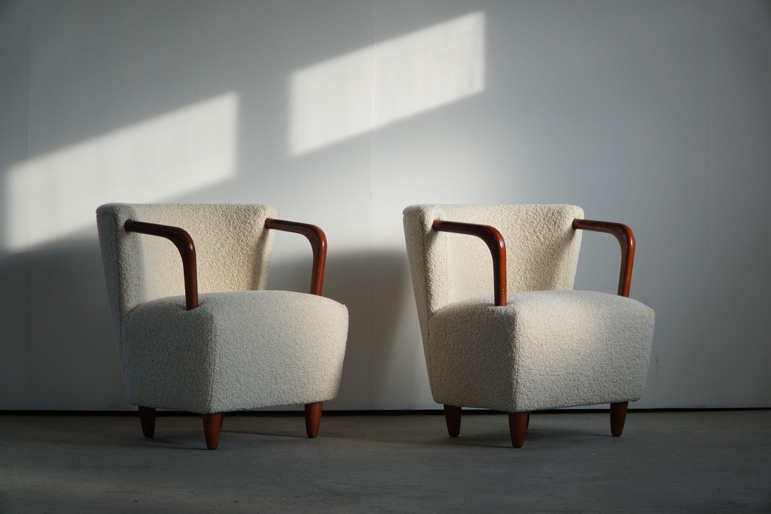 Pair of Art Deco Style Lounge Chairs in White Bouclé, by Danish Cabinetmaker 6