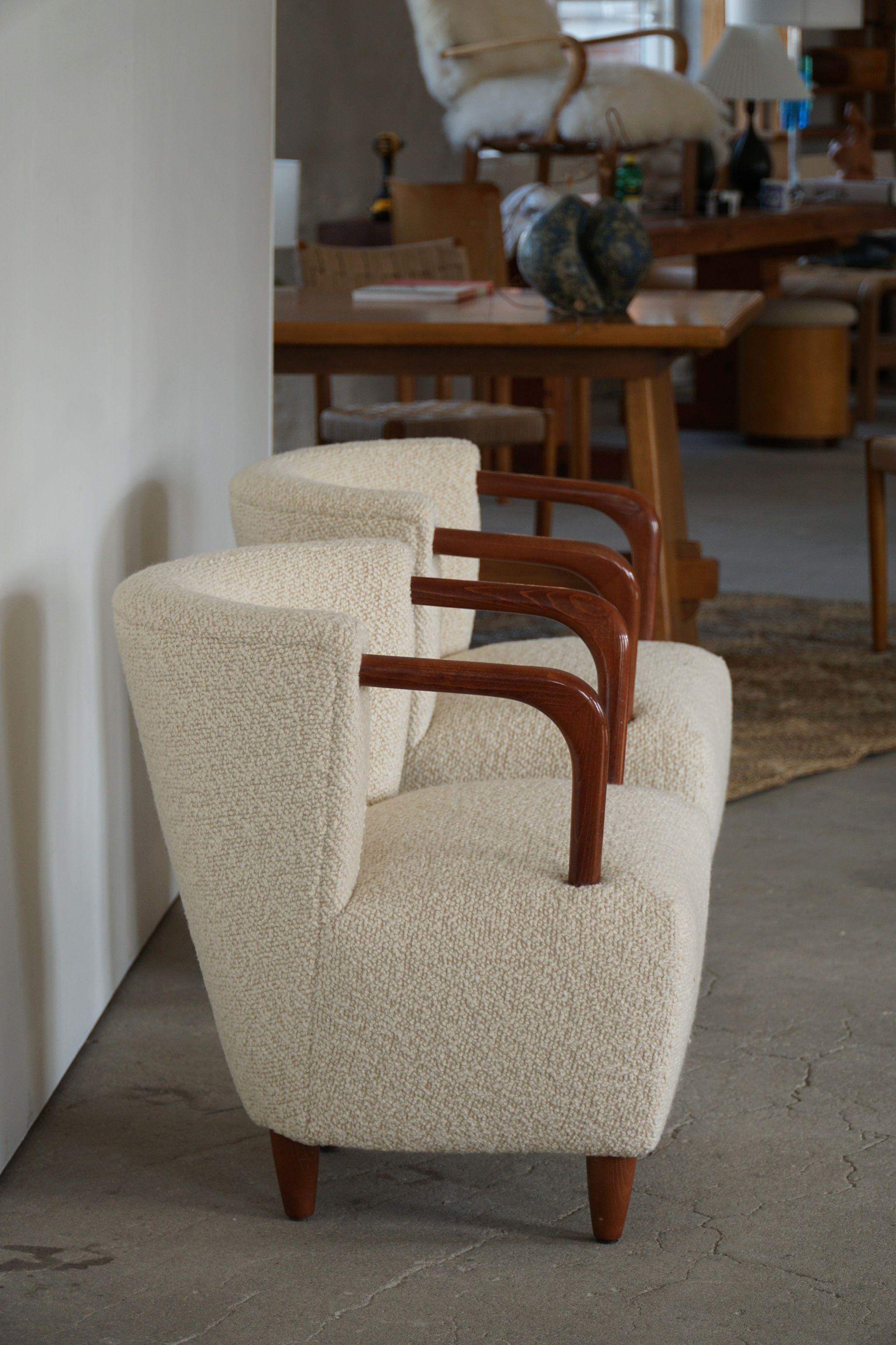 Pair of Art Deco Style Lounge Chairs in White Bouclé, by Danish Cabinetmaker 9