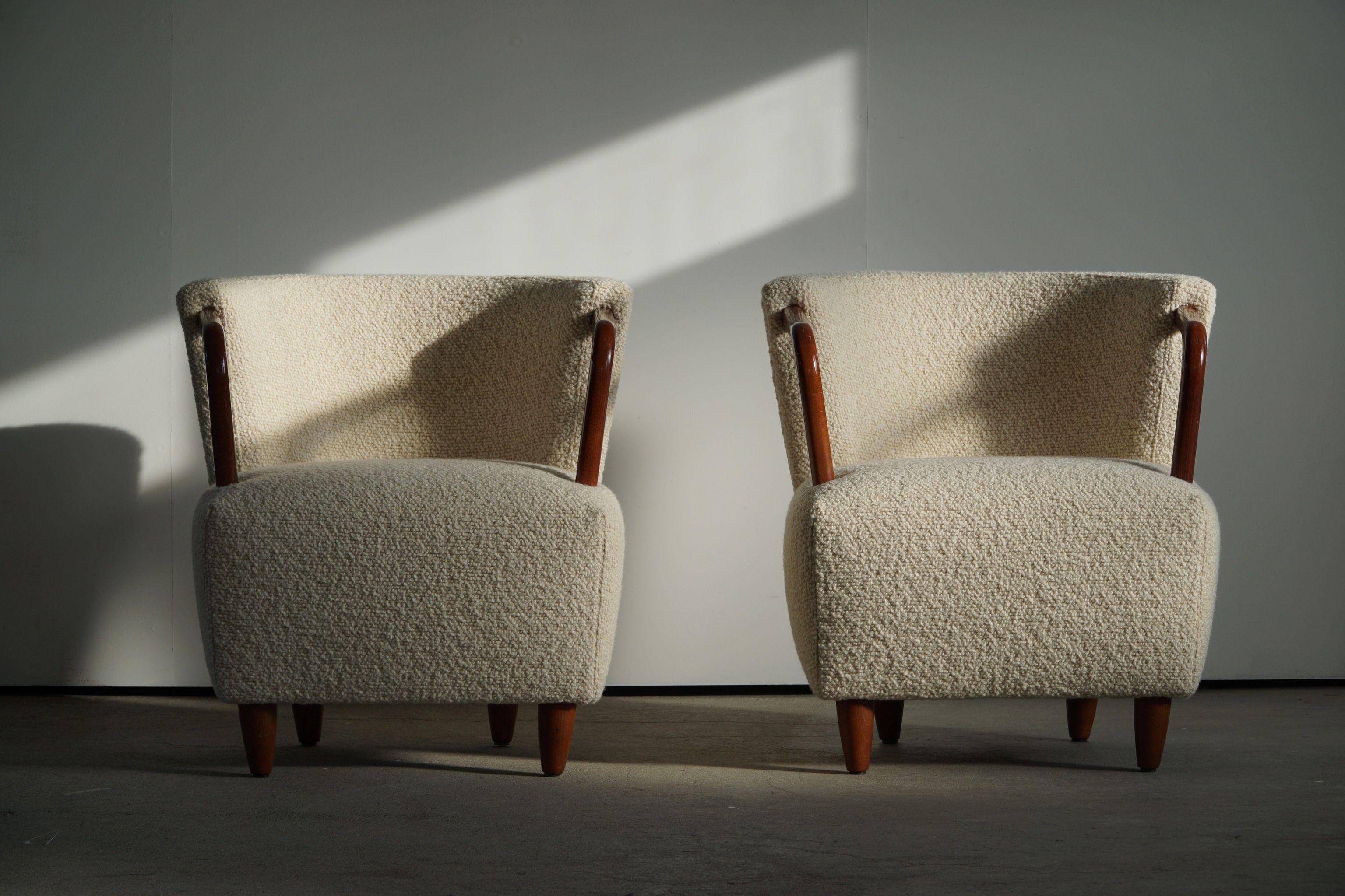 Pair of Art Deco Style Lounge Chairs in White Bouclé, by Danish Cabinetmaker 11