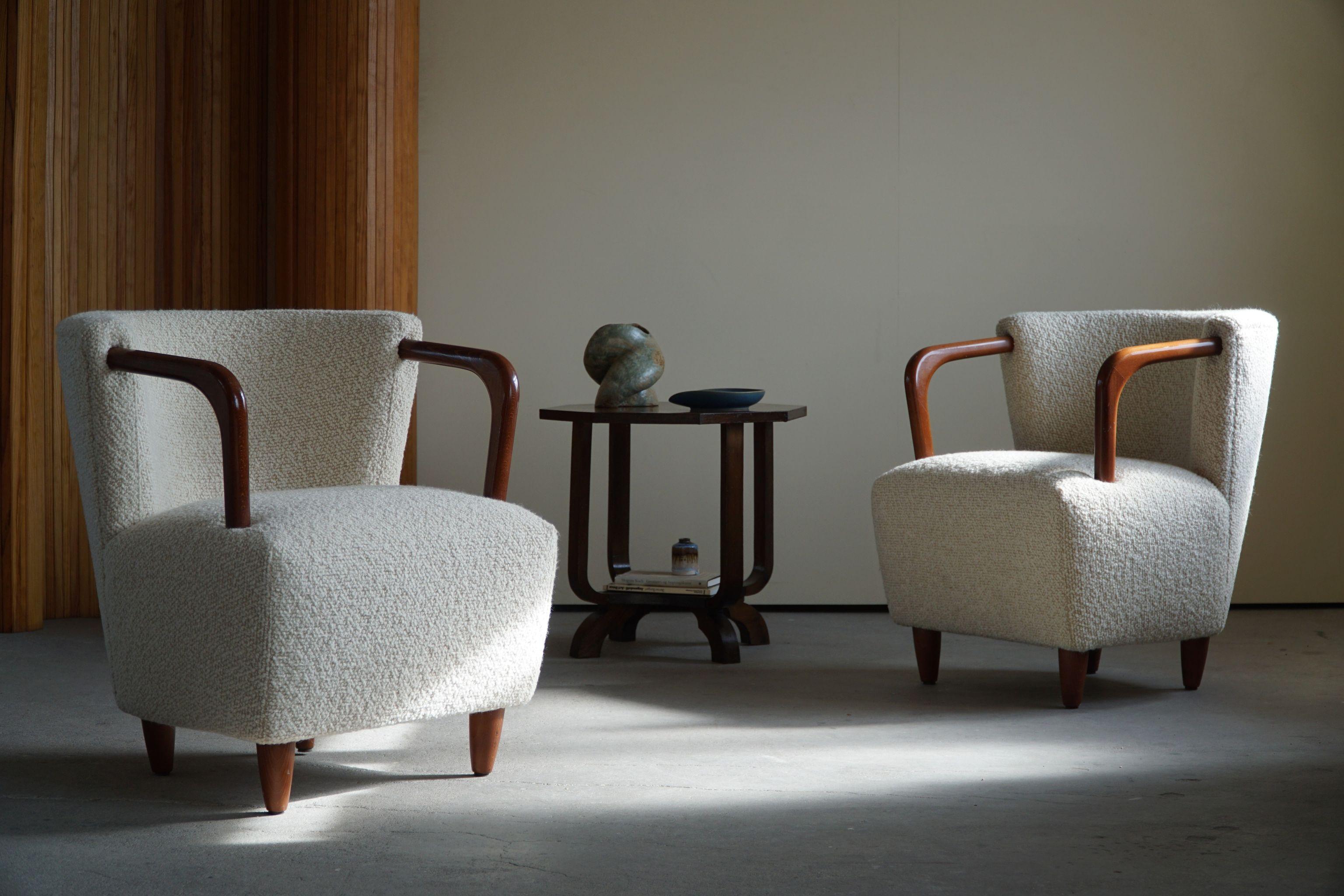 Pair of Art Deco Style Lounge Chairs in White Bouclé, by Danish Cabinetmaker 13