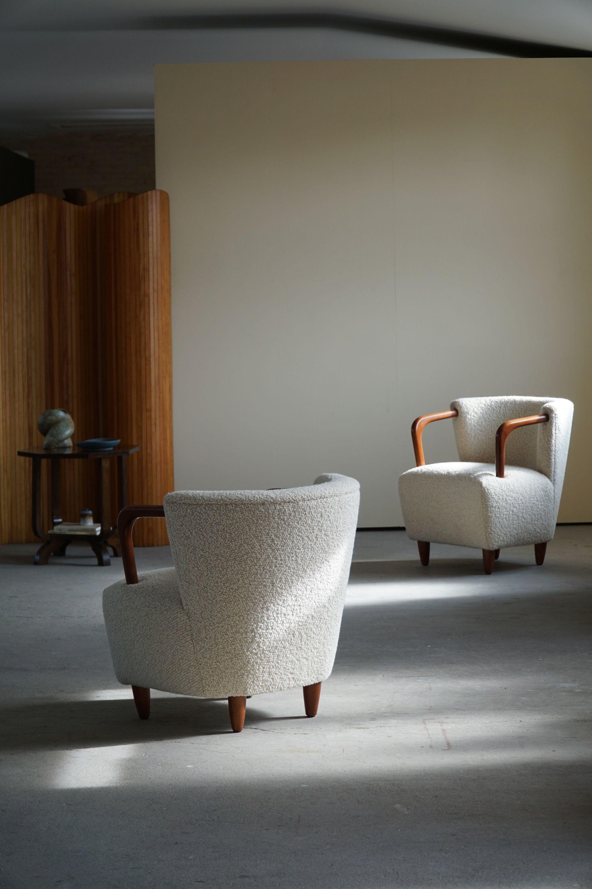 Pair of Art Deco Style Lounge Chairs in White Bouclé, by Danish Cabinetmaker 1