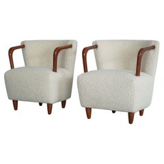 Pair of Art Deco Style Lounge Chairs in White Bouclé, by Danish Cabinetmaker