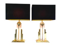 Pair of Art Deco Style Lucite and Brass Skyscraper Lamps with Bespoke Shades