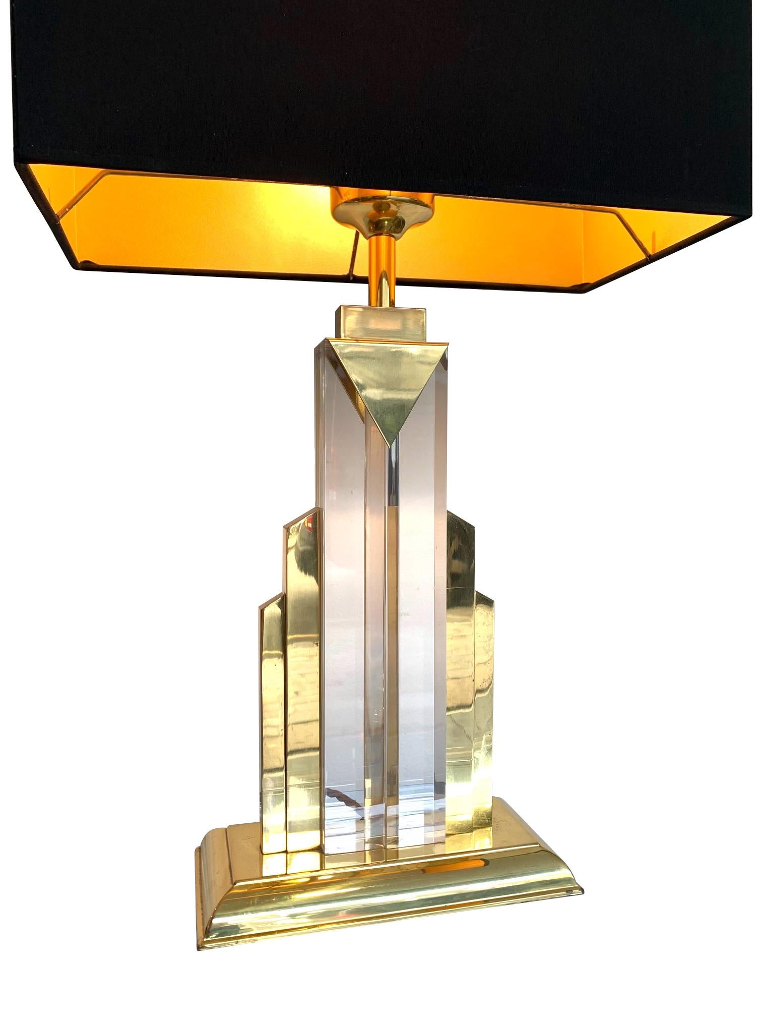Mid-Century Modern Pair of Art Deco Style Lucite and Brass Skyscraper Lamps with Bespoke Shades