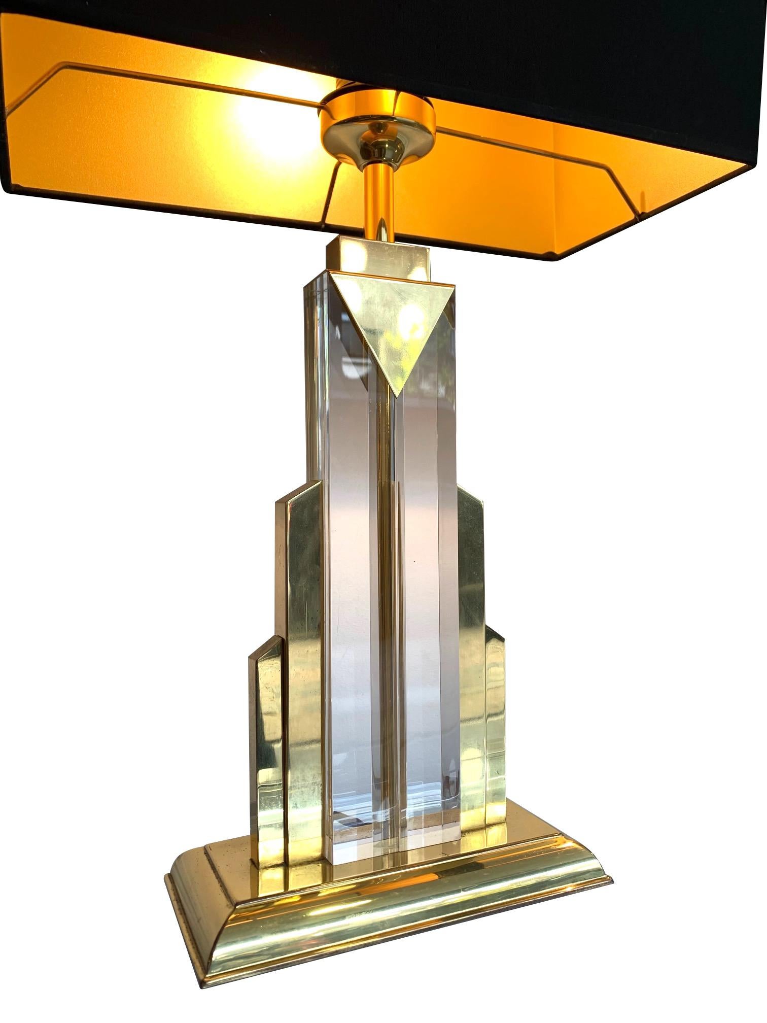 Italian Pair of Art Deco Style Lucite and Brass Skyscraper Lamps with Bespoke Shades