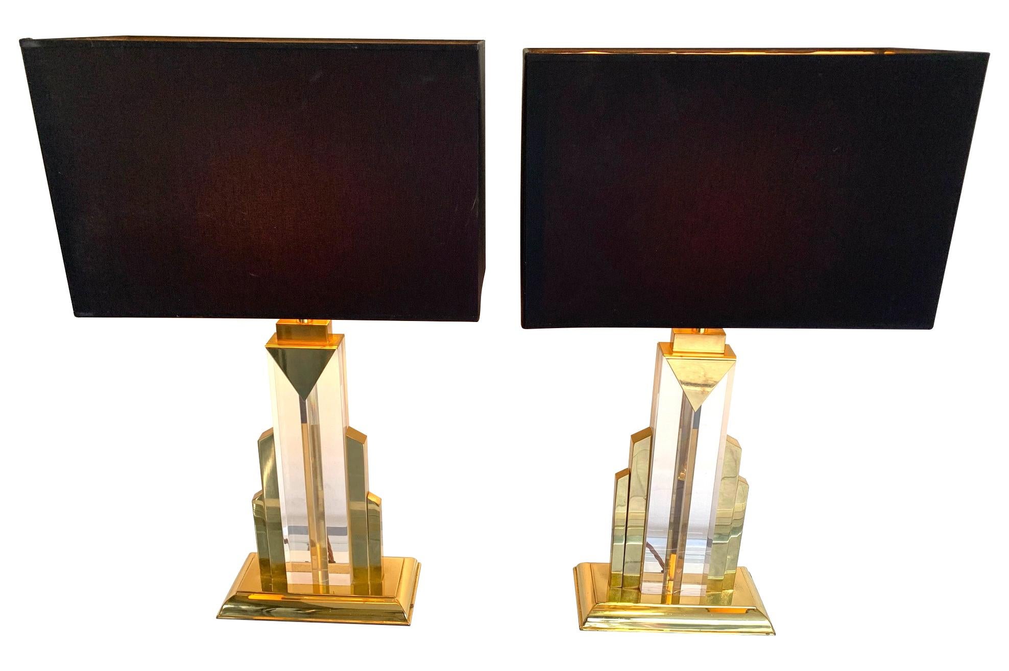 Pair of Art Deco Style Lucite and Brass Skyscraper Lamps with Bespoke Shades In Good Condition In London, GB