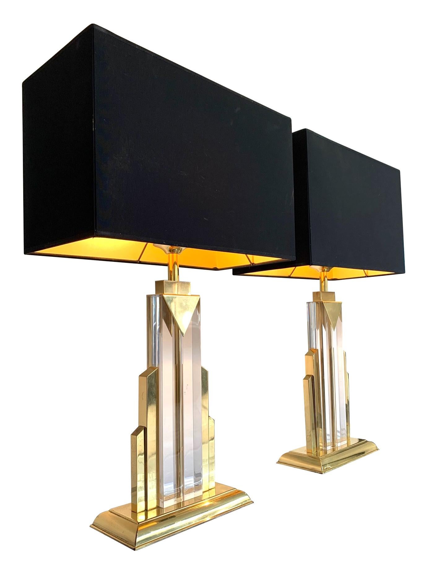 Late 20th Century Pair of Art Deco Style Lucite and Brass Skyscraper Lamps with Bespoke Shades
