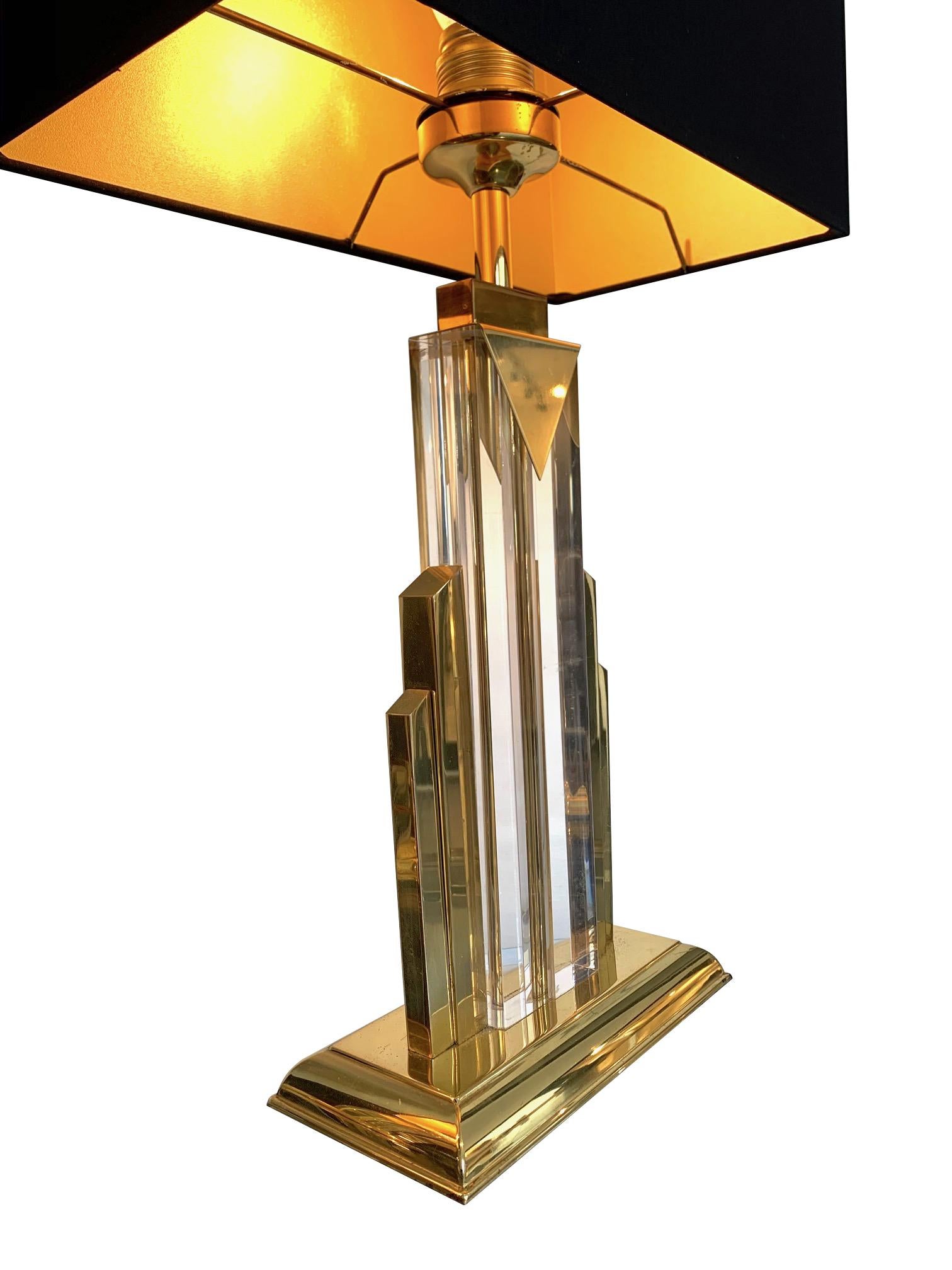Pair of Art Deco Style Lucite and Brass Skyscraper Lamps with Bespoke Shades 1