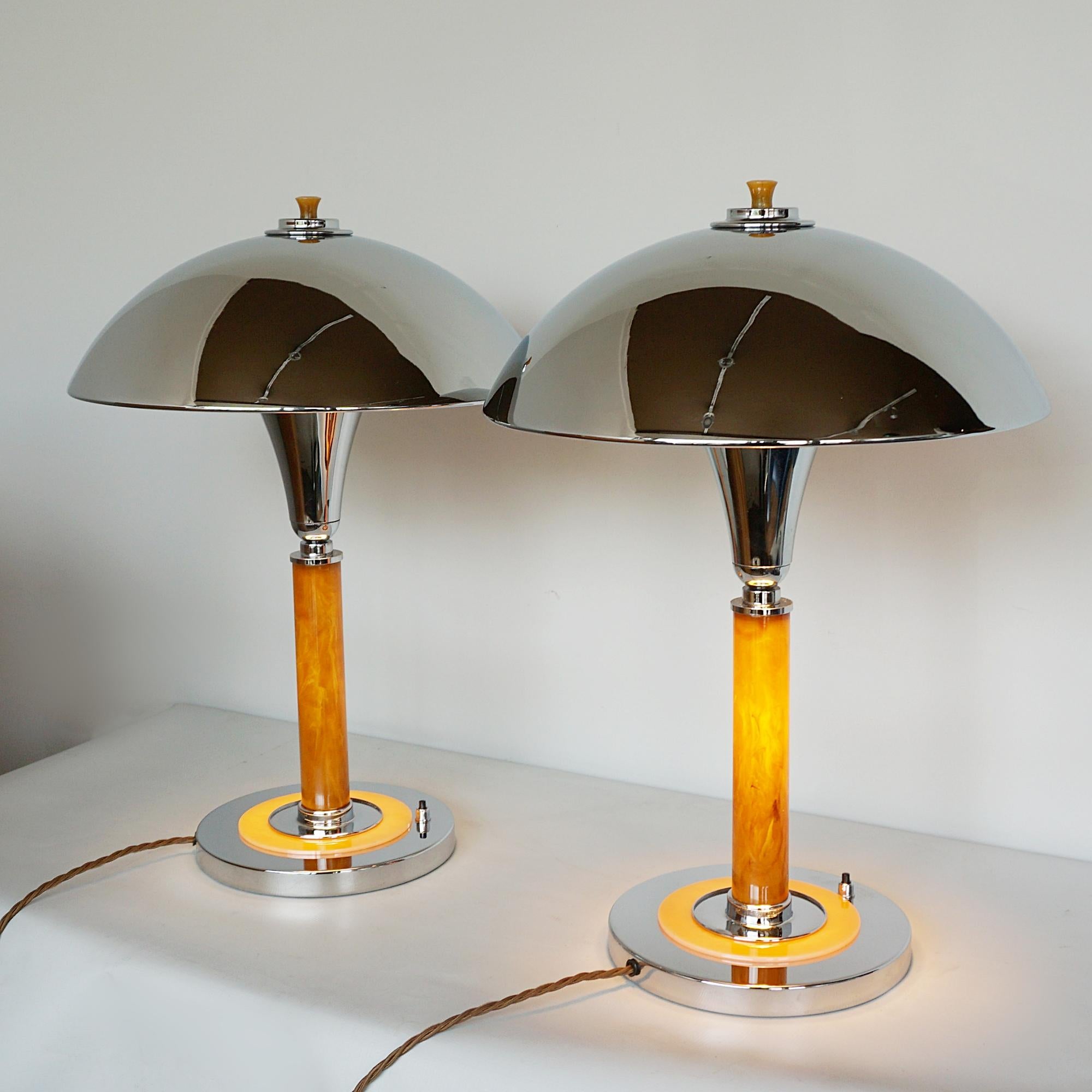 A Pair of Art Deco Style Orange Bakelite and Chrome Dome Table Lamps 5