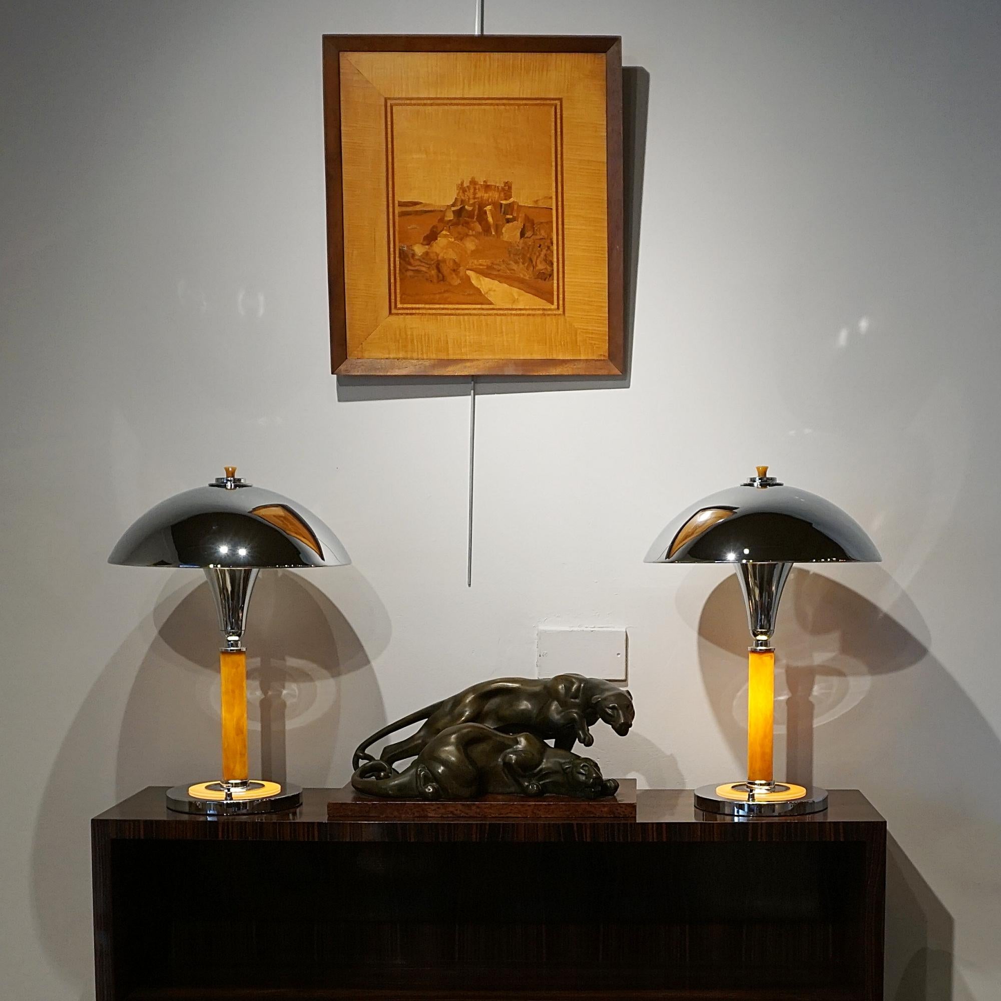 A Pair of Art Deco Style Orange Bakelite and Chrome Dome Table Lamps 4