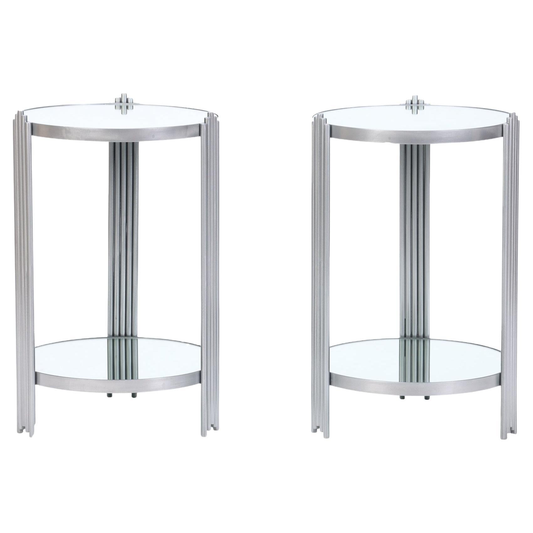 Pair of Art Deco Style Round End Tables with Mirrored Tops, Contemporary