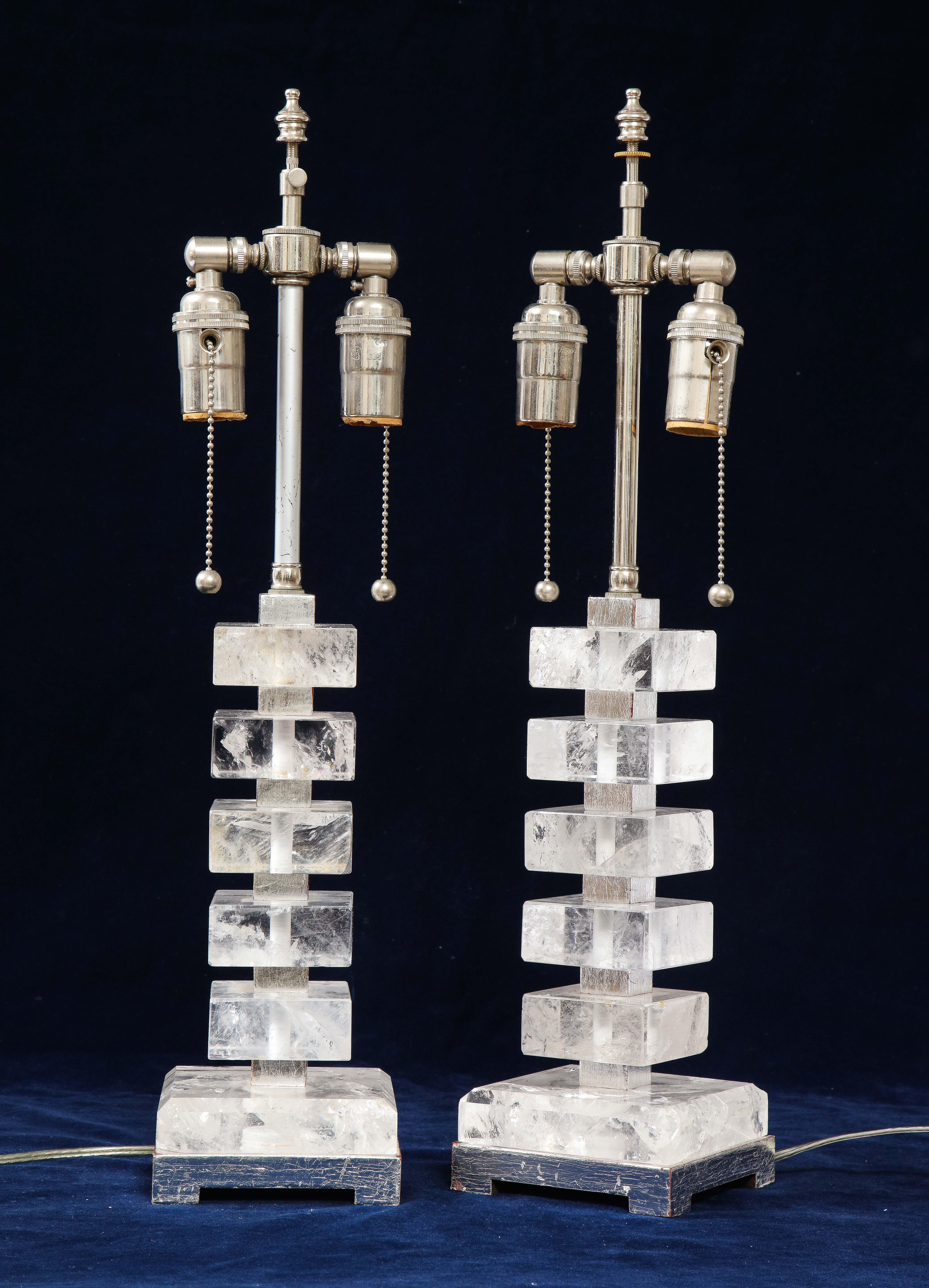 French Pair of Art Deco Style Silvered Wood and Rock Crystal Lamps, 20th Century