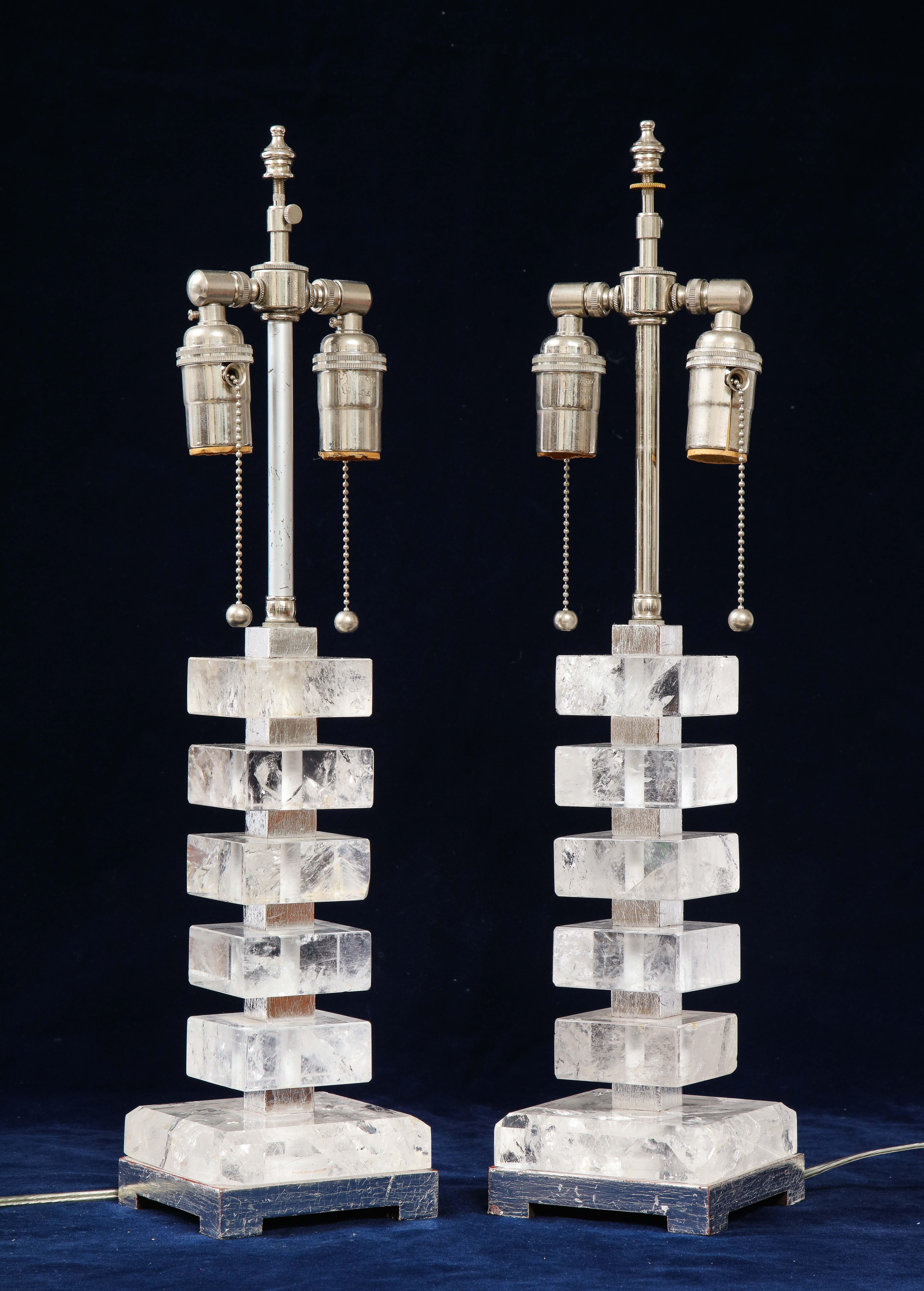Pair of Art Deco Style Silvered Wood and Rock Crystal Lamps, 20th Century In Good Condition In New York, NY