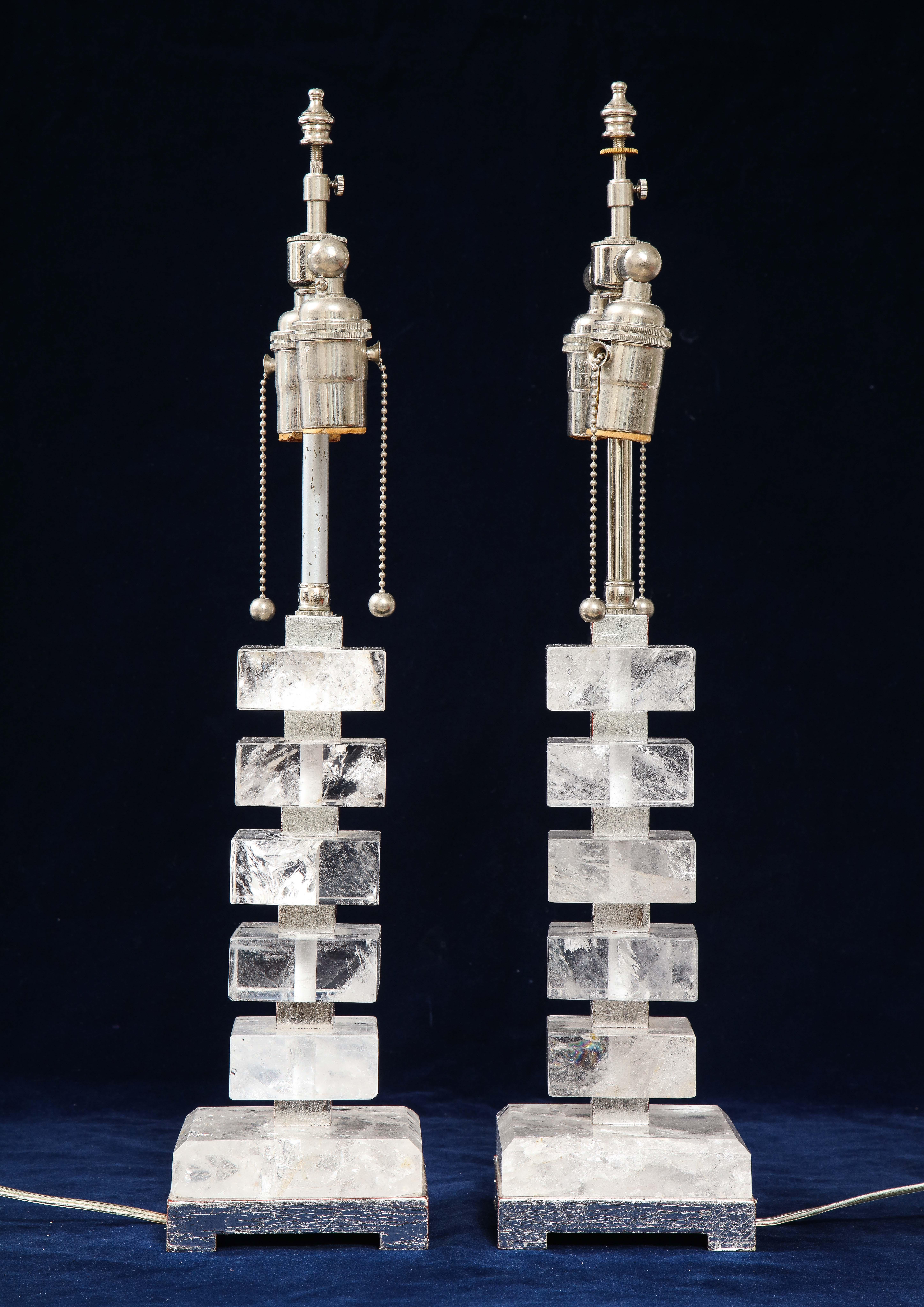 Pair of Art Deco Style Silvered Wood and Rock Crystal Lamps, 20th Century 1