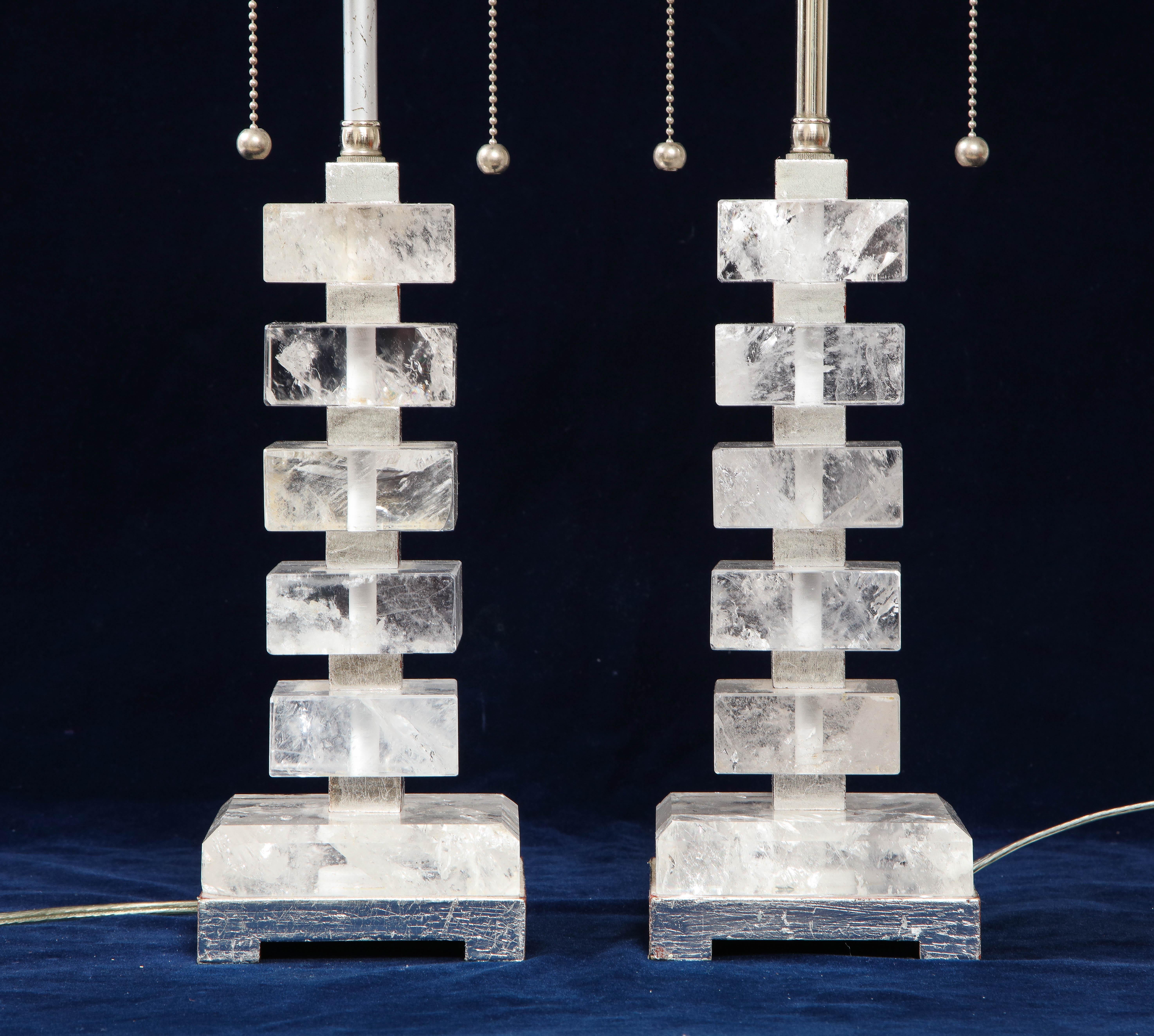 Pair of Art Deco Style Silvered Wood and Rock Crystal Lamps, 20th Century 3