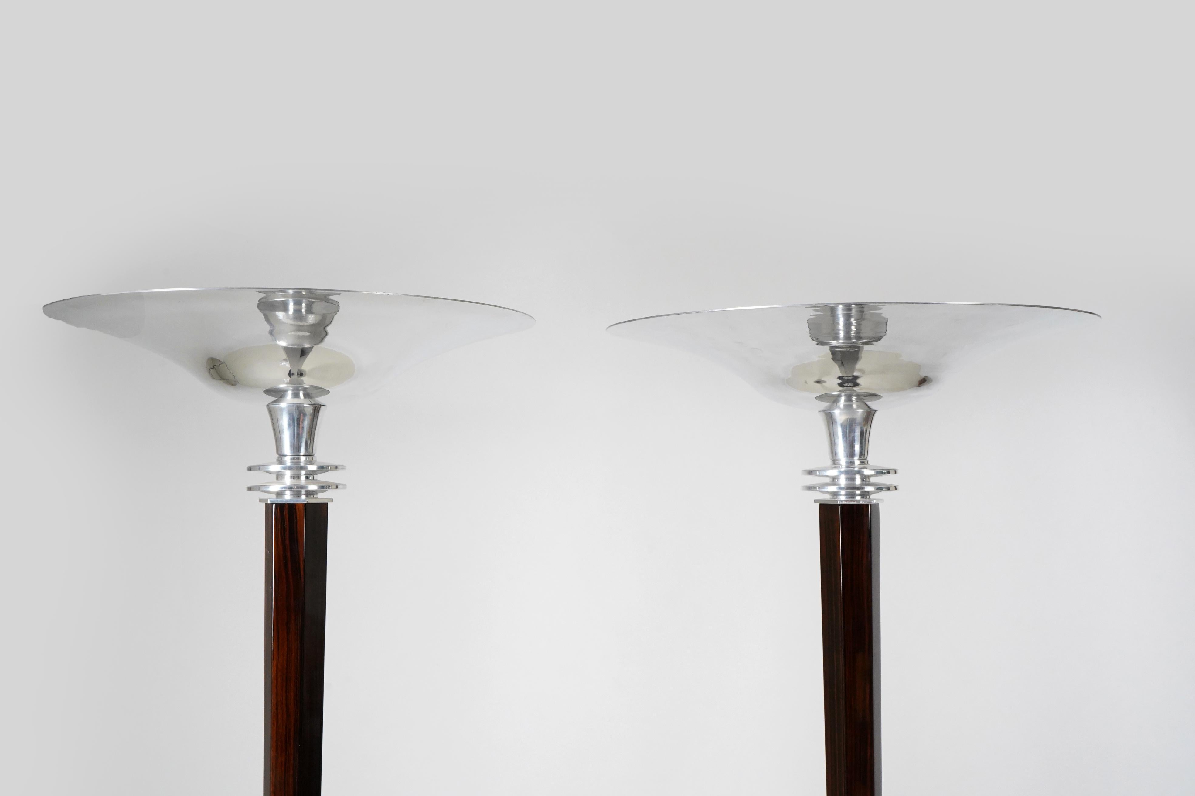 Hungarian Pair of Art Deco Torchiers in Walnut and Nickel For Sale