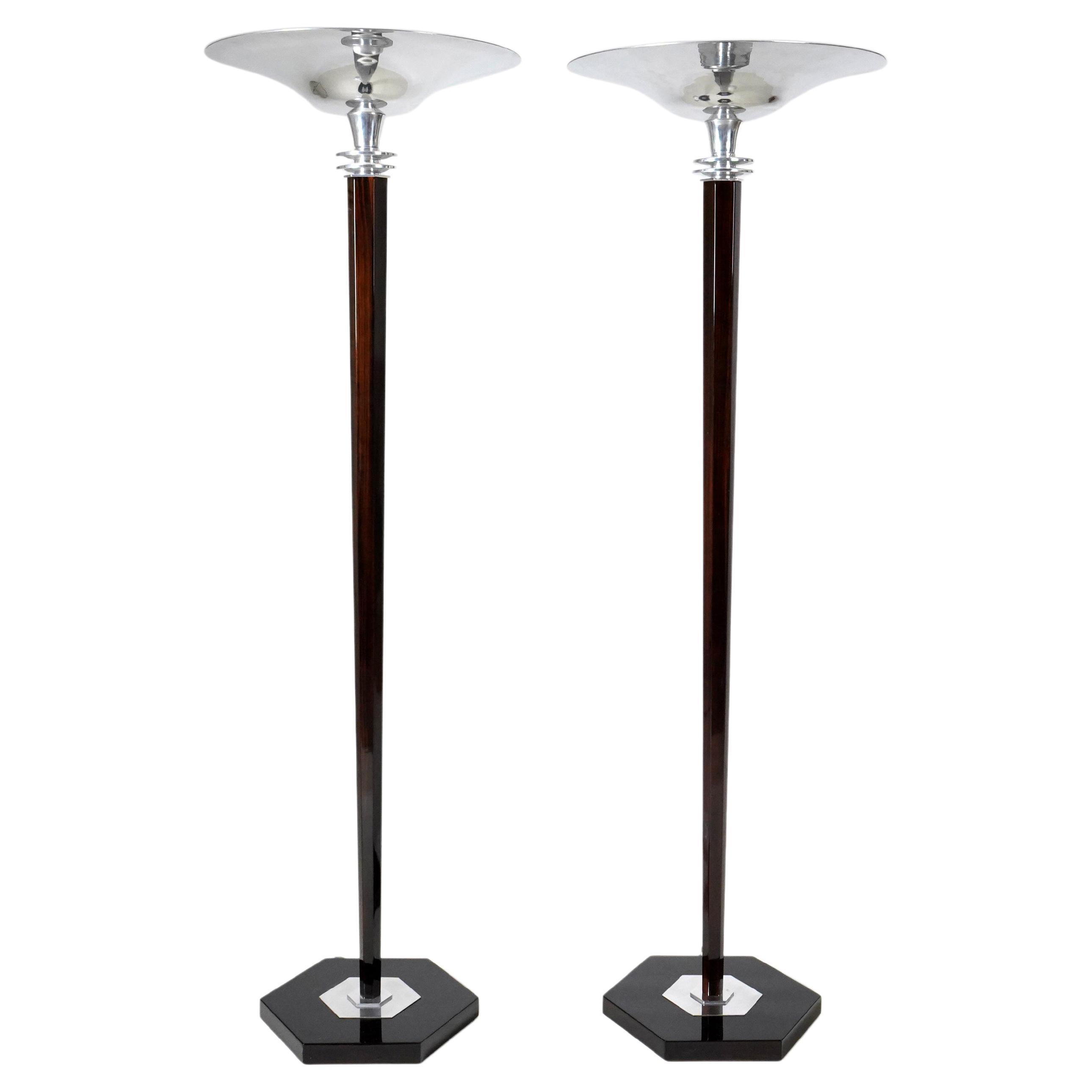 Pair of Art Deco Torchiers in Walnut and Nickel For Sale