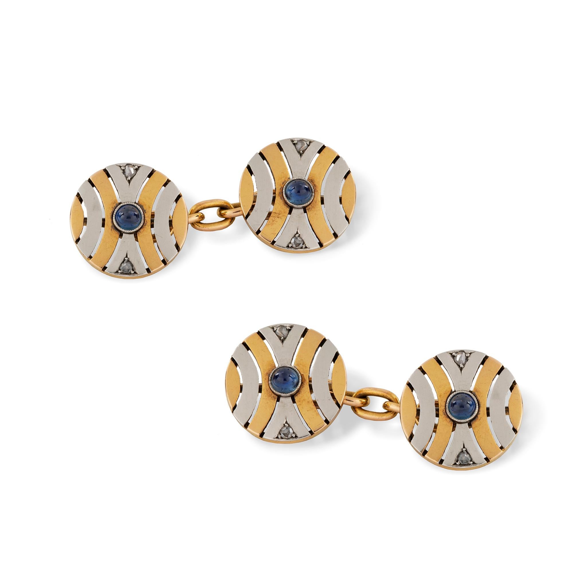 Round Cut Pair of Art Deco Two-Color Gold Cufflinks For Sale