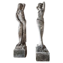 Pair of Art Nouveau Carved Stone Statues of Two Posing Venuses