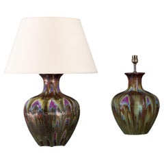A Pair of Art Nouveau Ceramic Bronze and Purple Flambé Glazed Lamps