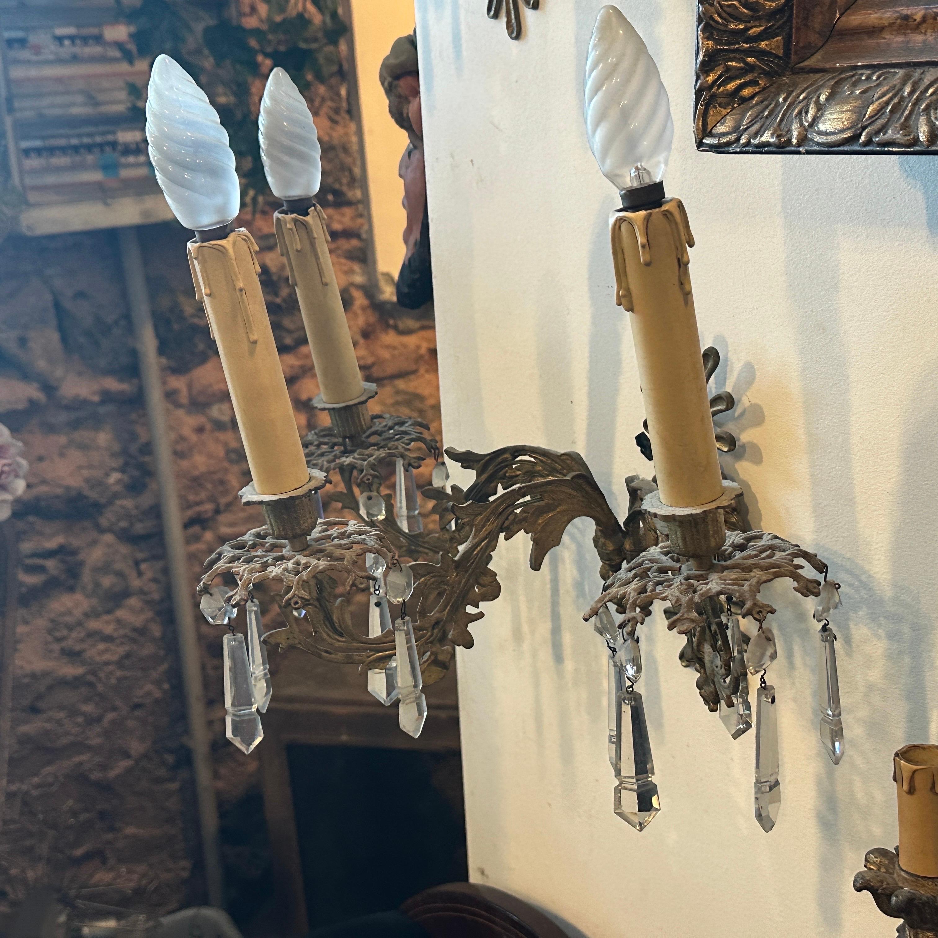 A Pair of Art Nouveau Gilded Iron and Cristal Sicilian Wall Sconces For Sale 4