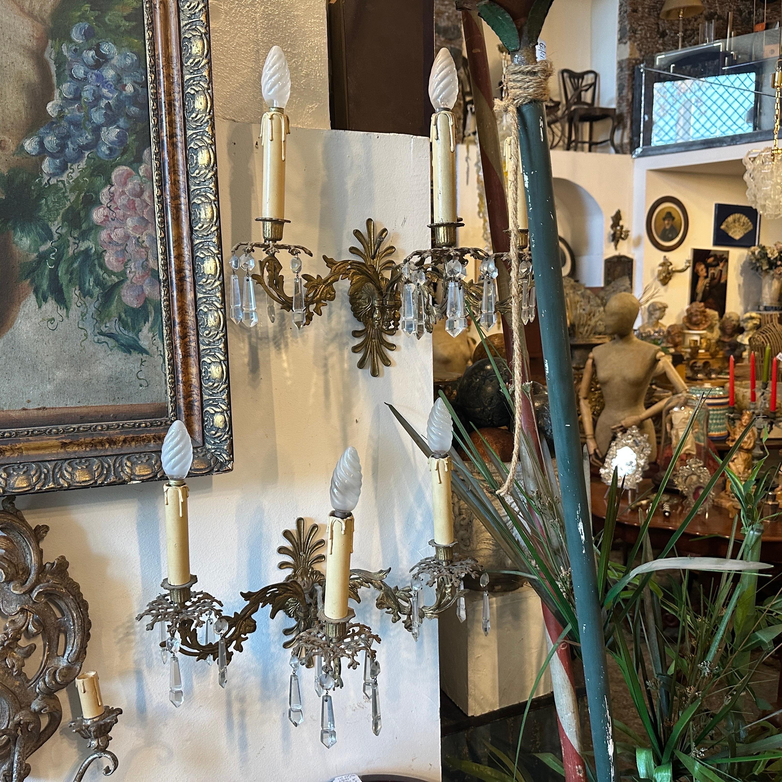 A Pair of Art Nouveau Gilded Iron and Cristal Sicilian Wall Sconces For Sale 5