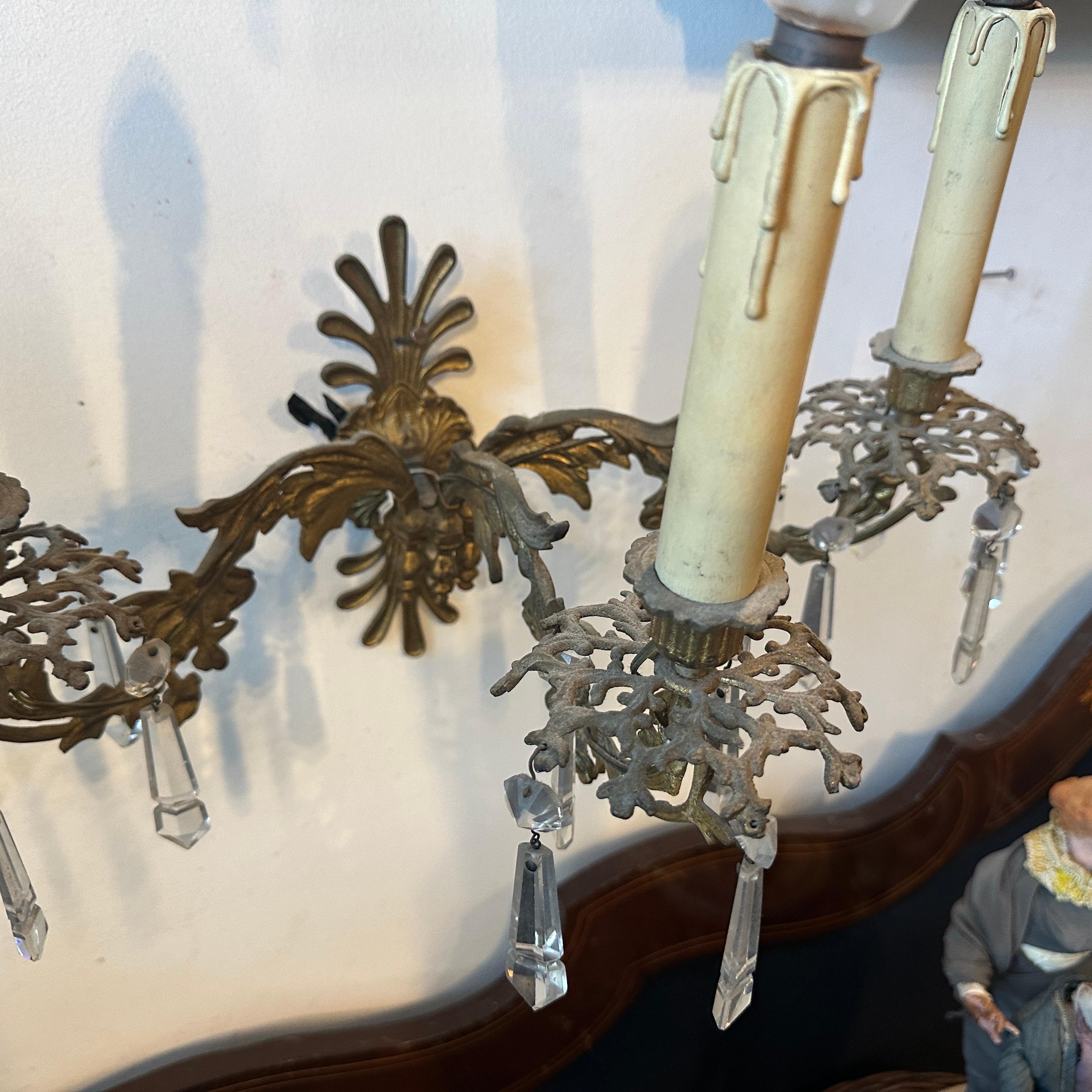A Pair of Art Nouveau Gilded Iron and Cristal Sicilian Wall Sconces For Sale 7