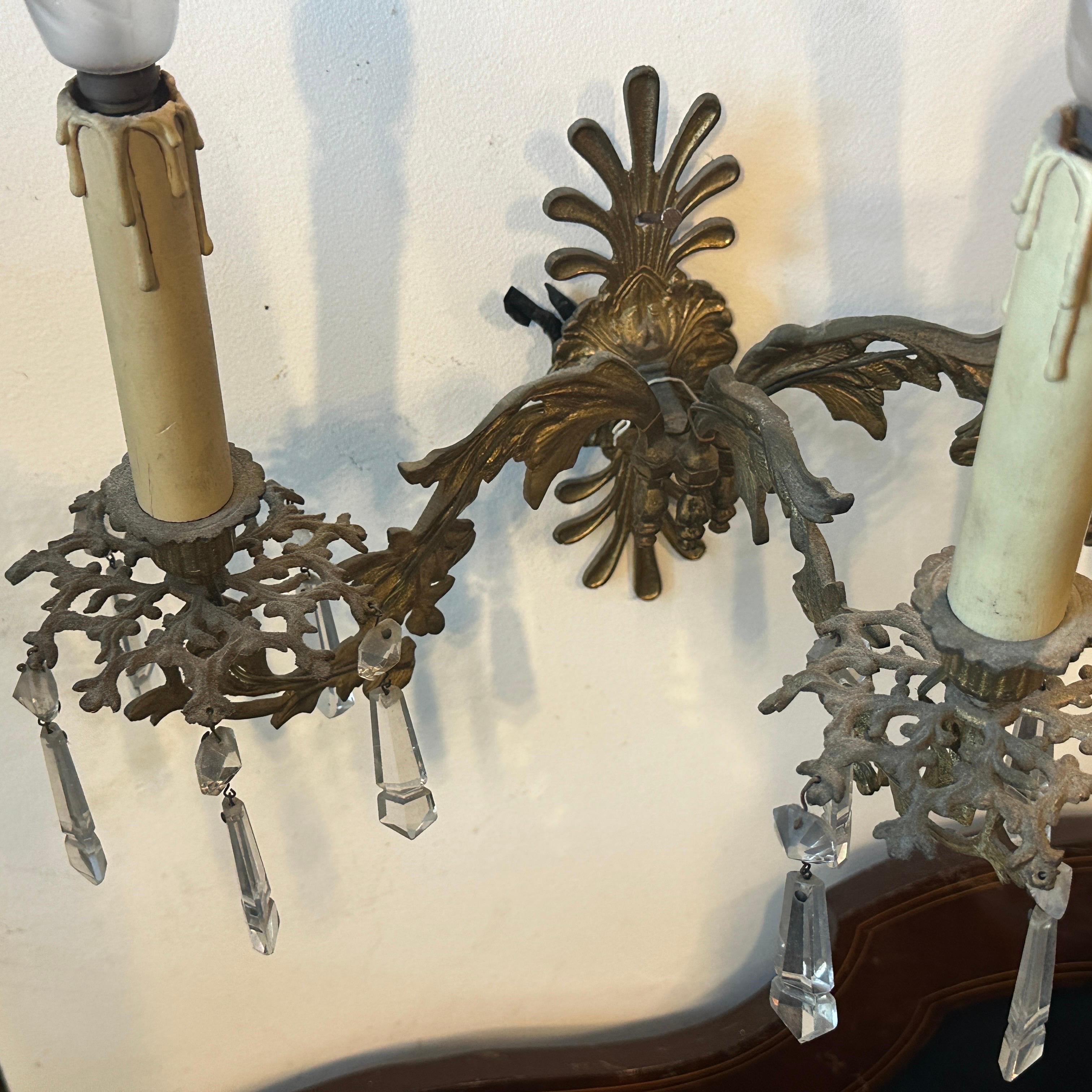 A Pair of Art Nouveau Gilded Iron and Cristal Sicilian Wall Sconces For Sale 8
